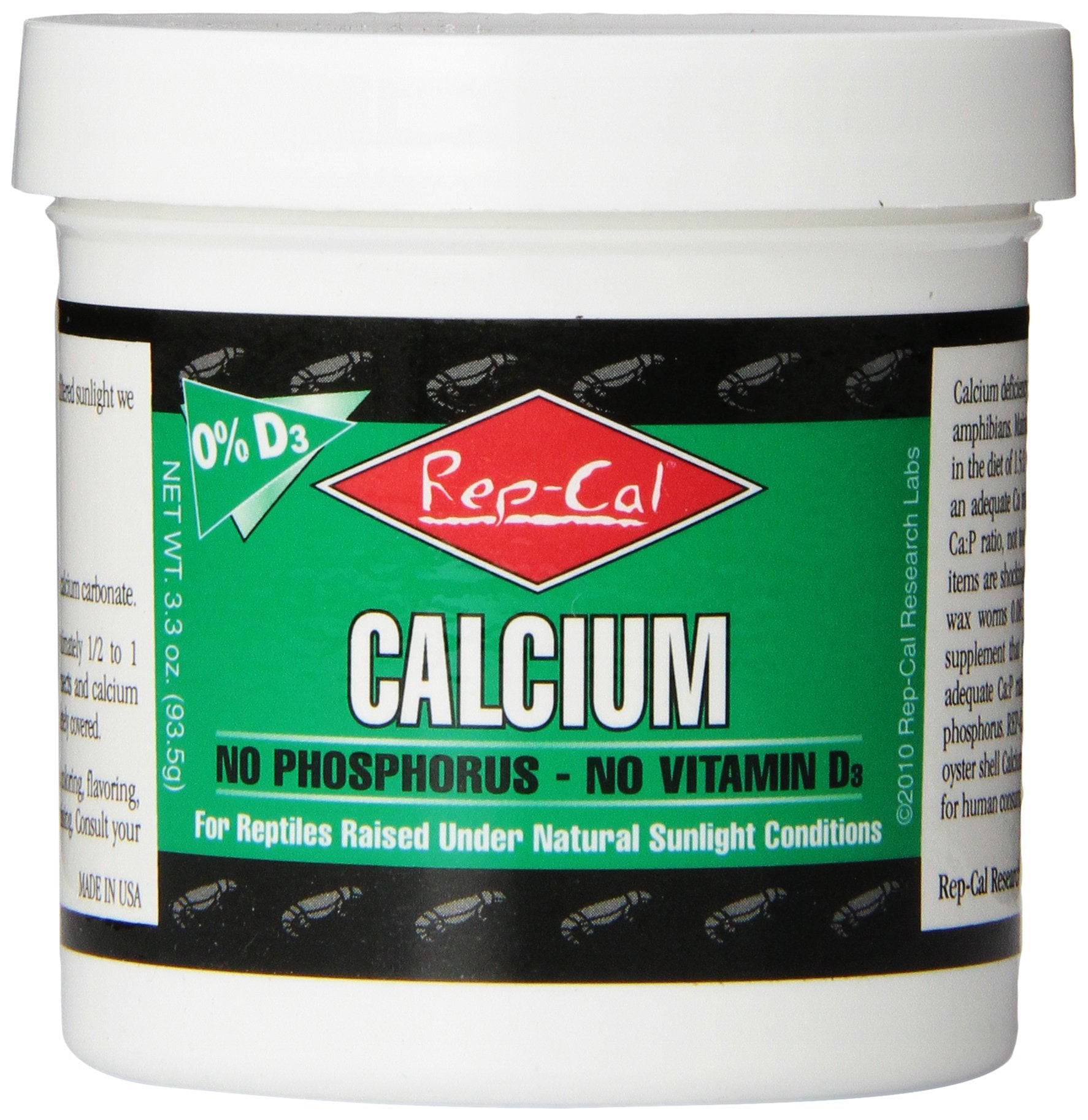 Rep-Cal 52298 calcium powder in a white bottle for reptiles and amphibians.
