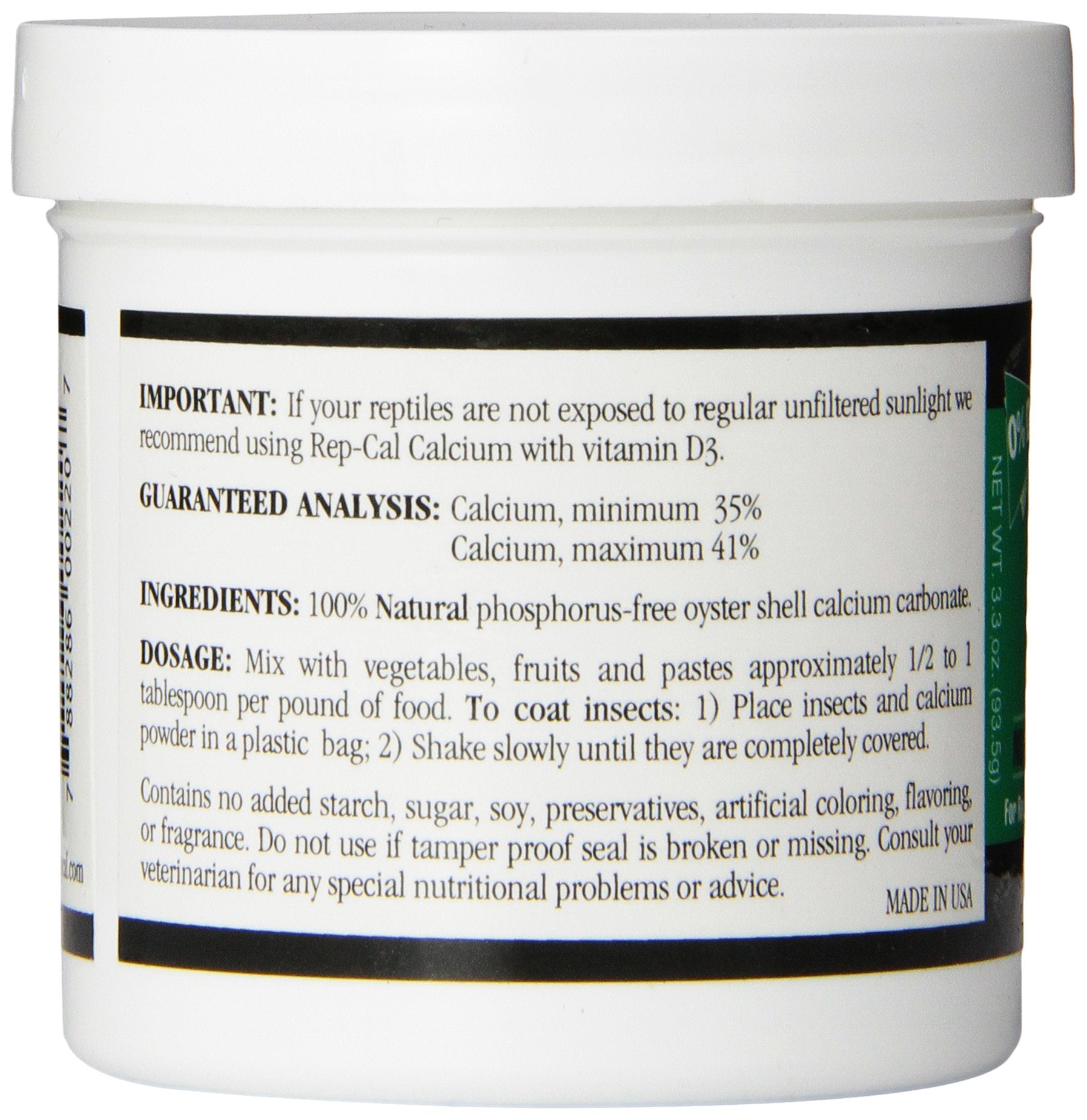 Phosphorus-free Rep-Cal powder without Vitamin D3 for mineral balance.