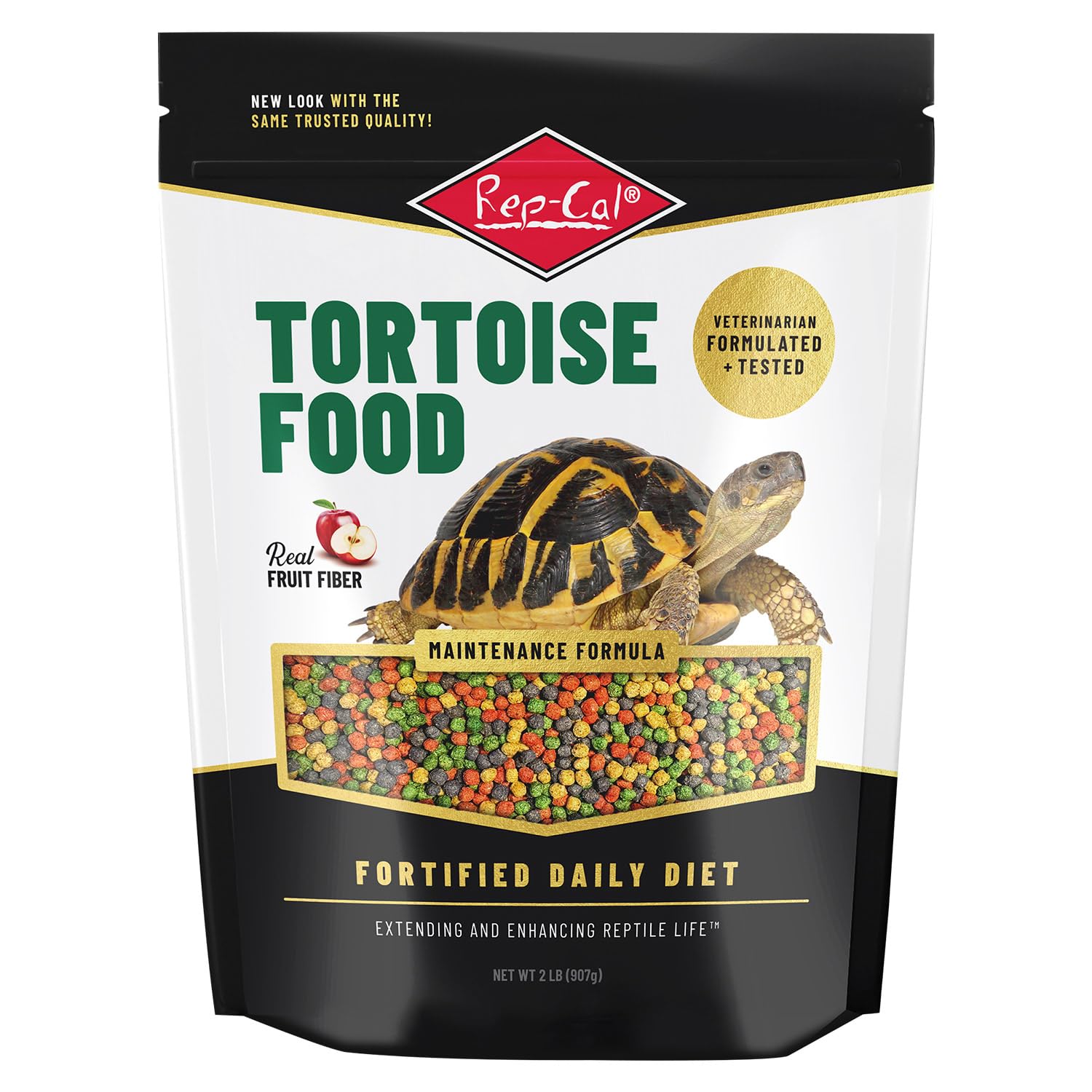 Rep-Cal Adult Tortoise Food pellets provide balanced nutrition for healthy tortoise growth.