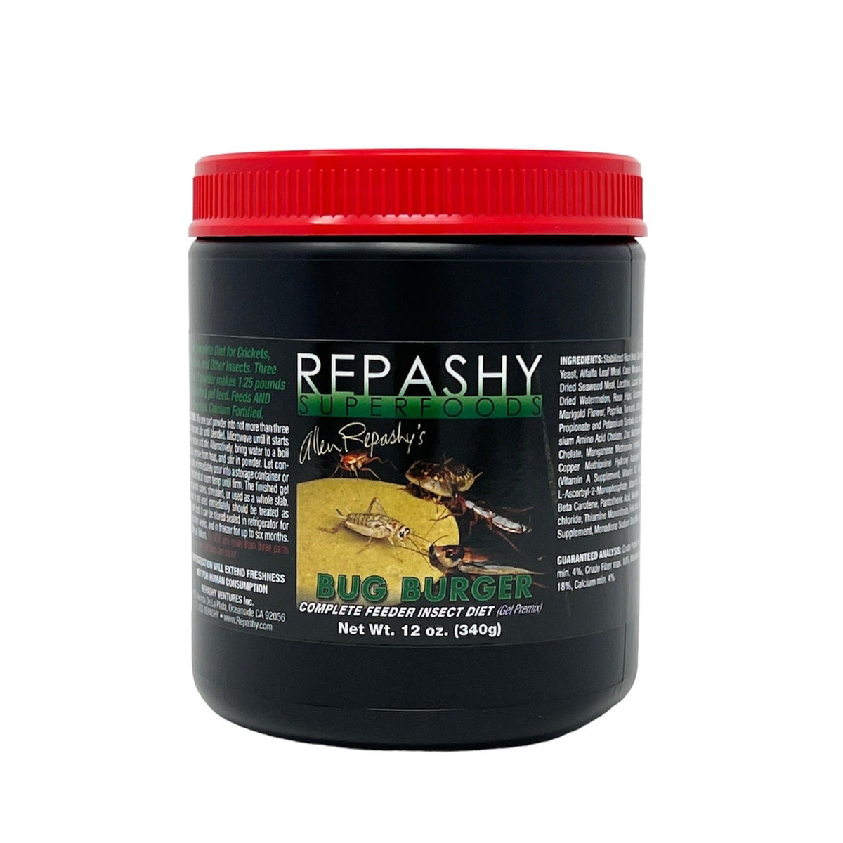 Repashy Bug Burger jar visual—gel diet supports hydration and nutrition for feeder insects.