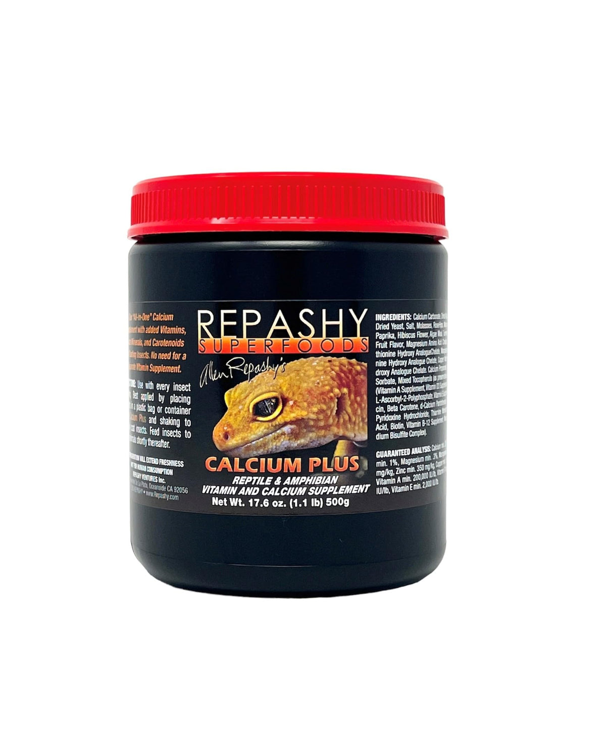 Repashy Calcium Plus 17.6 oz jar front view, all-in-one vitamin and calcium powder for dusting insects