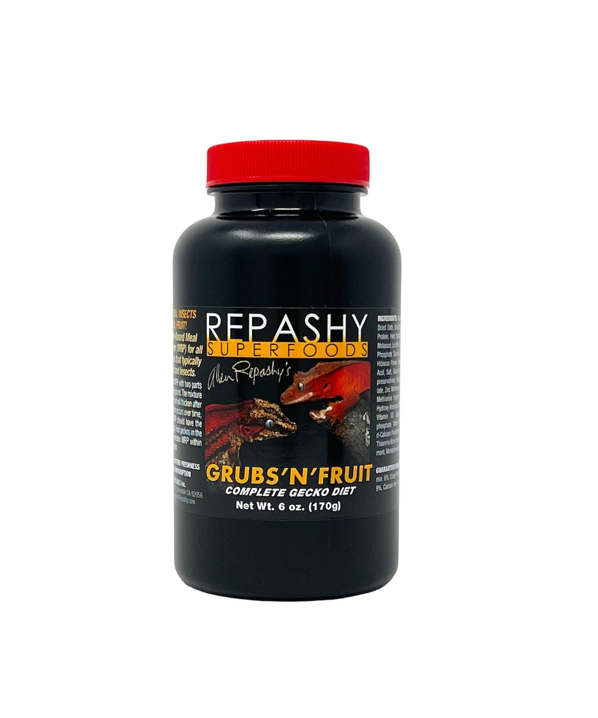 Repashy Grubs N Fruit Crested Gecko Diet jar highlights real insects and fruit for balanced meals.