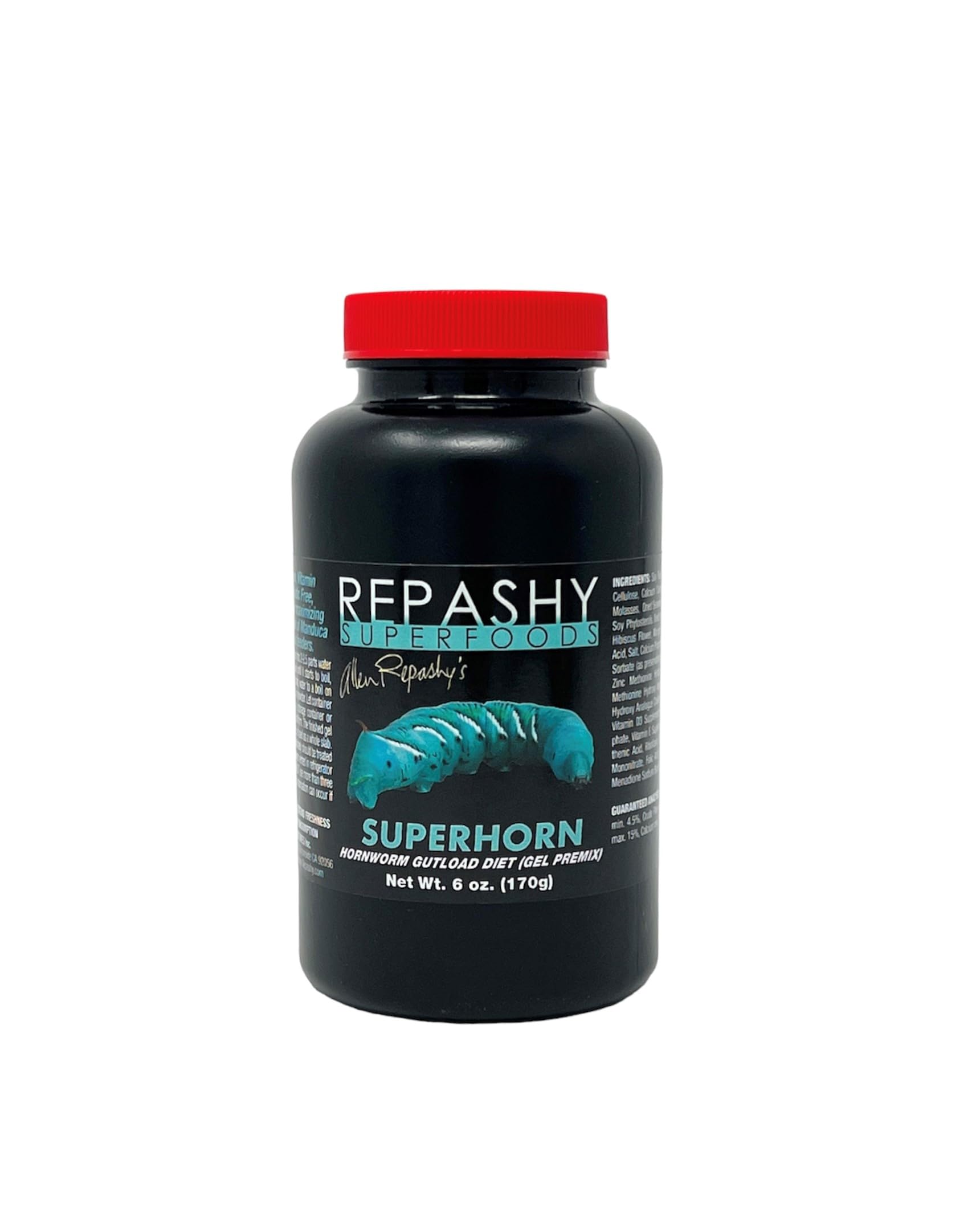 Repashy Superhorn hornworm gutload diet jar provides high calcium and vitamin fortification for feeders.