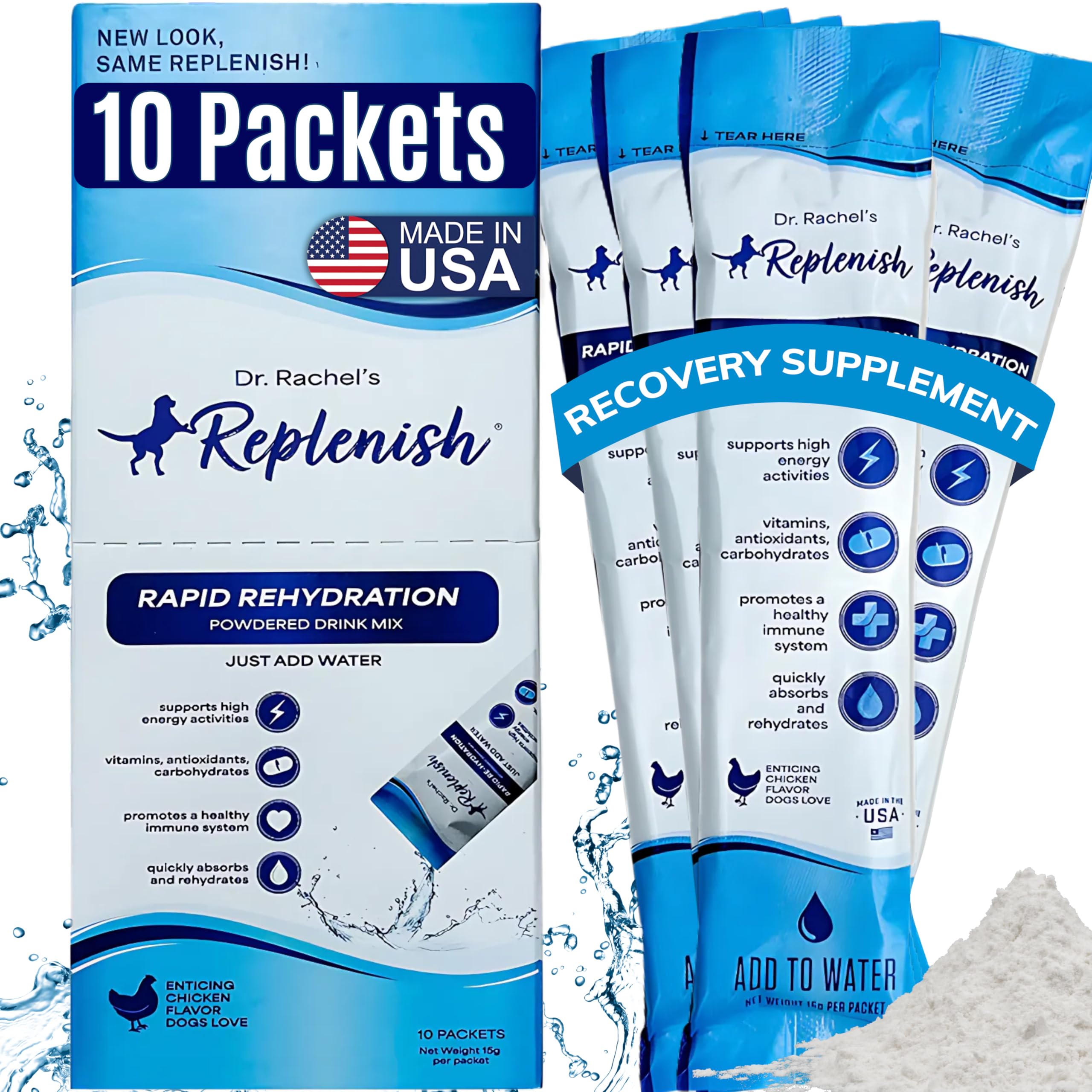 Replenish Dog Recovery Water Supplement pack-opening for quick hydration support