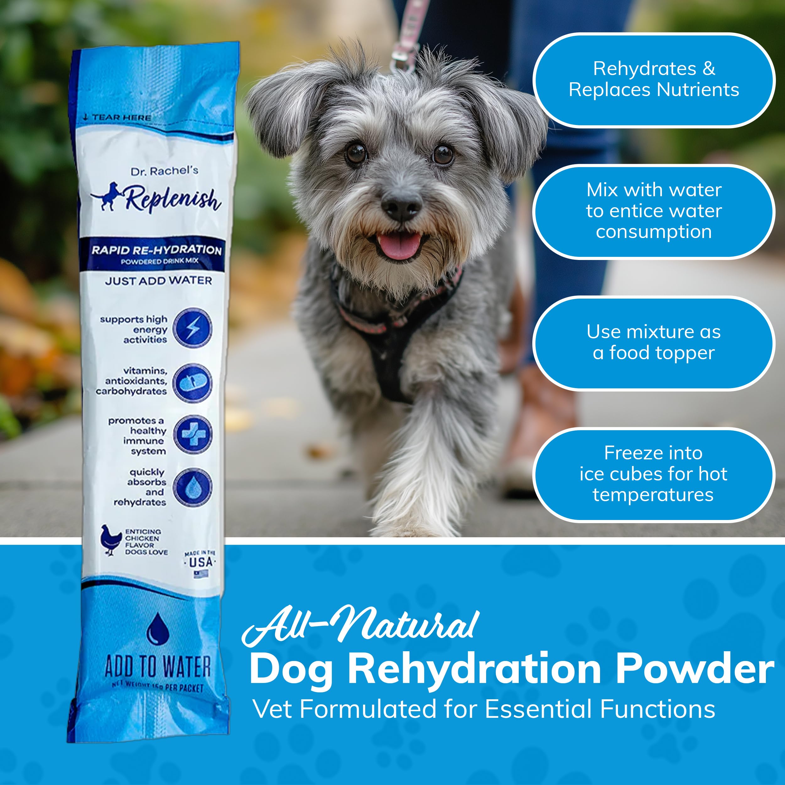 Replenish Dog Recovery Water Supplement travel-kit enables on-the-go hydration