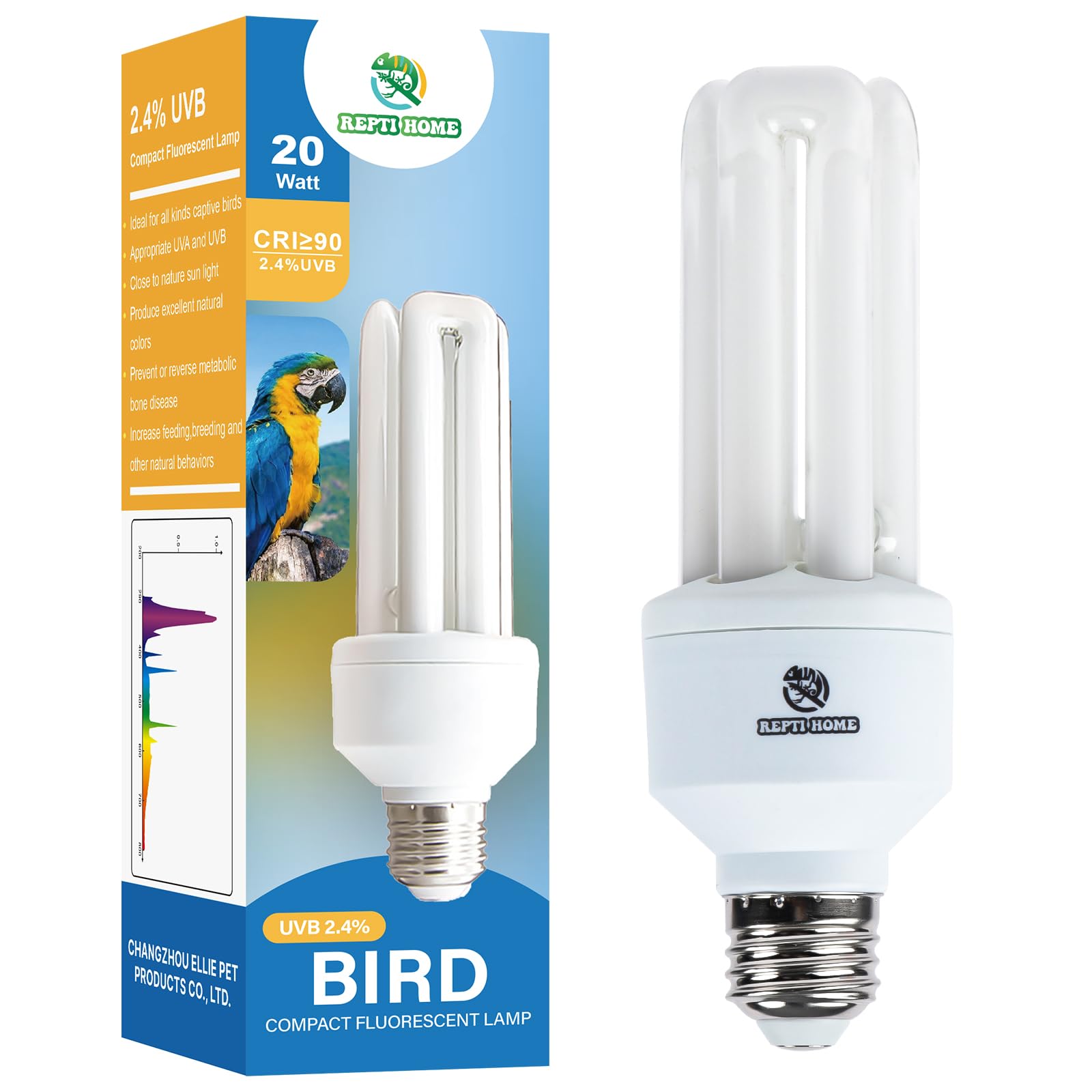REPTI HOME bird UVB light bulb glows brightly for vibrant plumage and natural color.