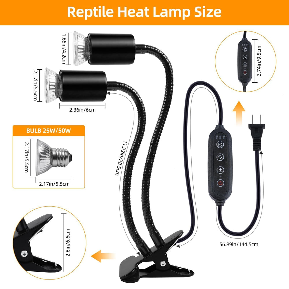 REPTI HOME dual-head heat lamp angle adjustable image shows extended coverage for multiple pets.