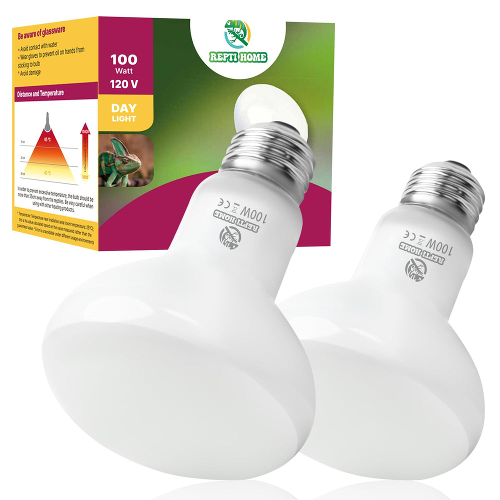 REPTI HOME heat lamp bulb 100W closeup highlighting durable ceramic base for reptiles.