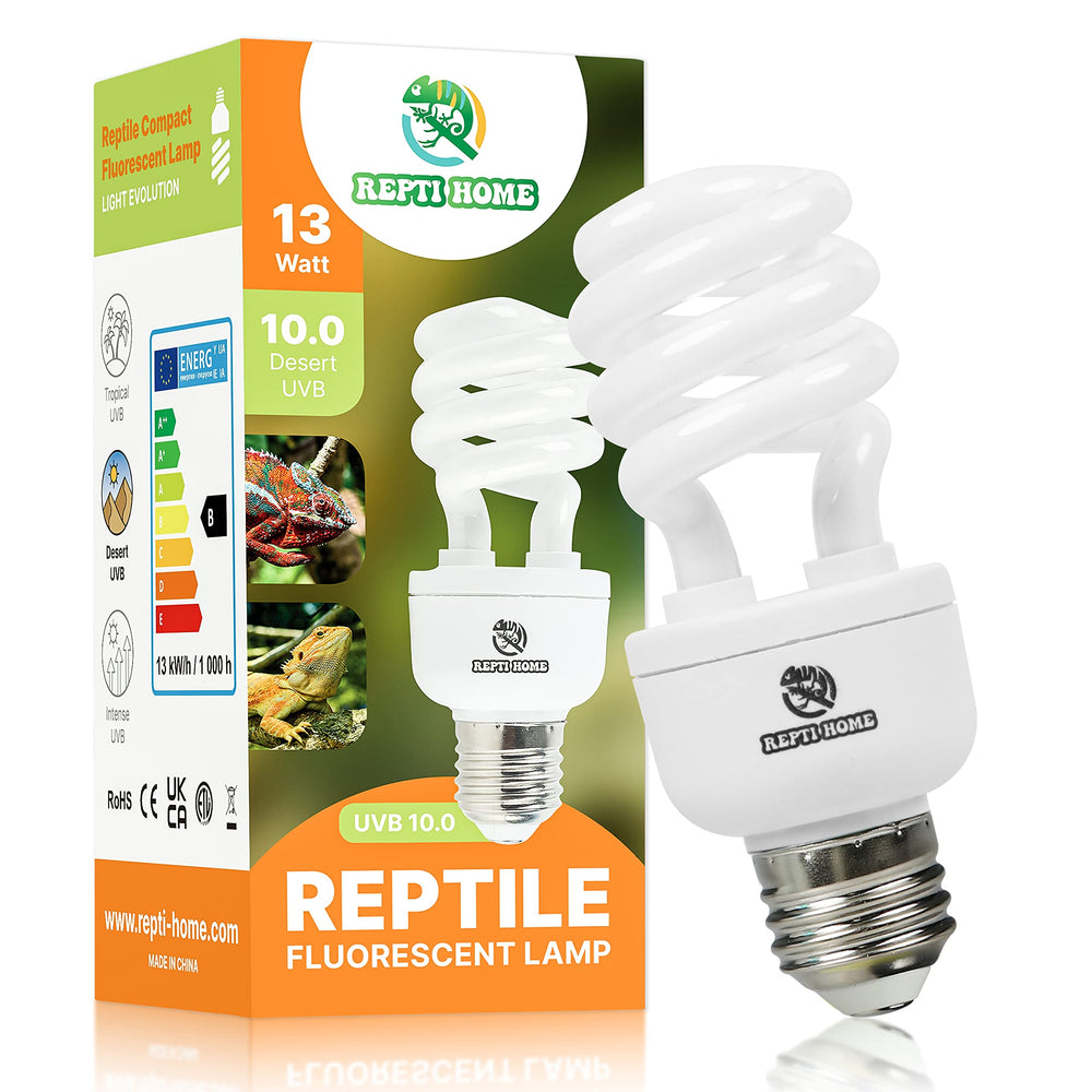 REPTI HOME UVB bulb close-up highlighting compact desert lamp for reptile care.