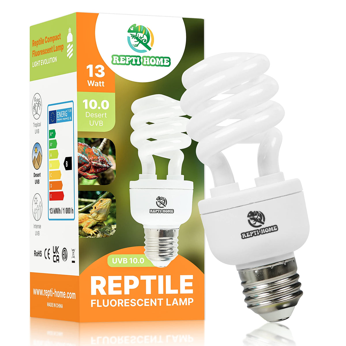 REPTI HOME UVB bulb close-up highlighting compact desert lamp for reptile care.