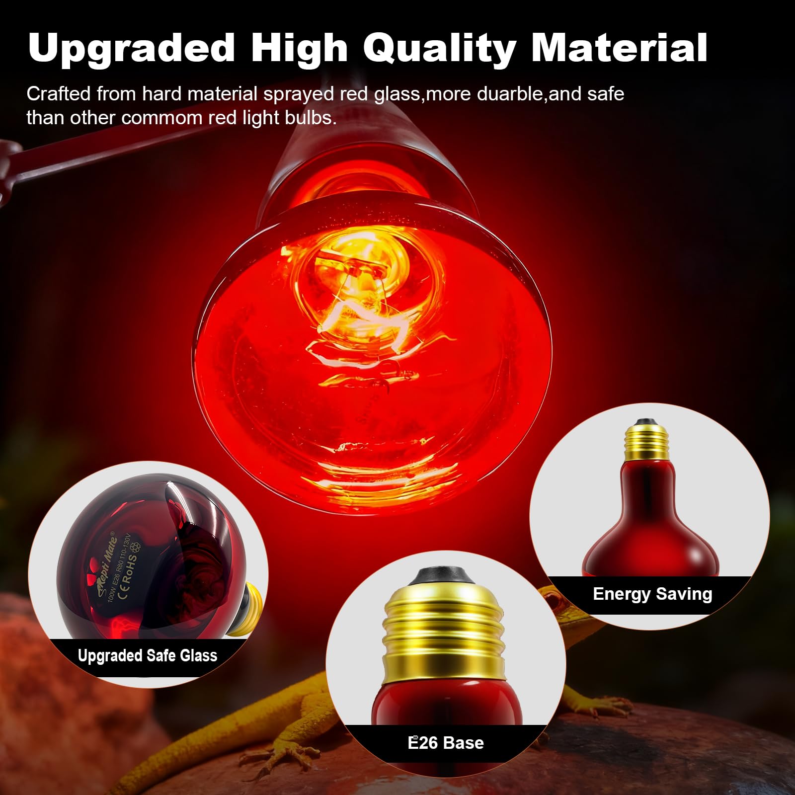 REPTI MATE infrared heat lamp detail highlights long lifespan up to thousands of hours