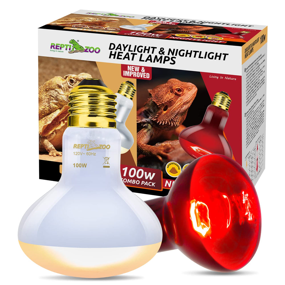 REPTI ZOO 100W heat lamp bulbs combo day night in-use setup boosts reptile activity.