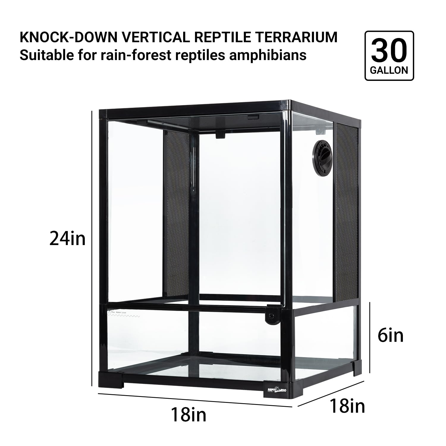 REPTI ZOO 30-gallon terrarium top screen ventilation supports UVB access and airflow.