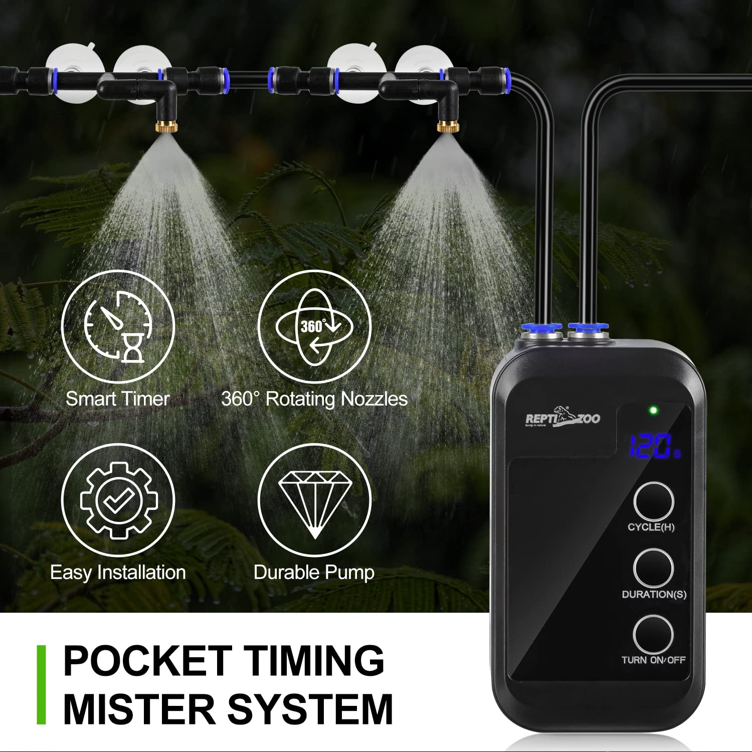 REPTI ZOO 360-degree nozzles rotation capture all corners and evenly condition terrarium humidity.
