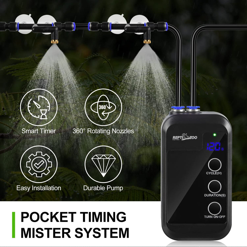 REPTI ZOO 360-degree nozzles rotation capture all corners and evenly condition terrarium humidity.