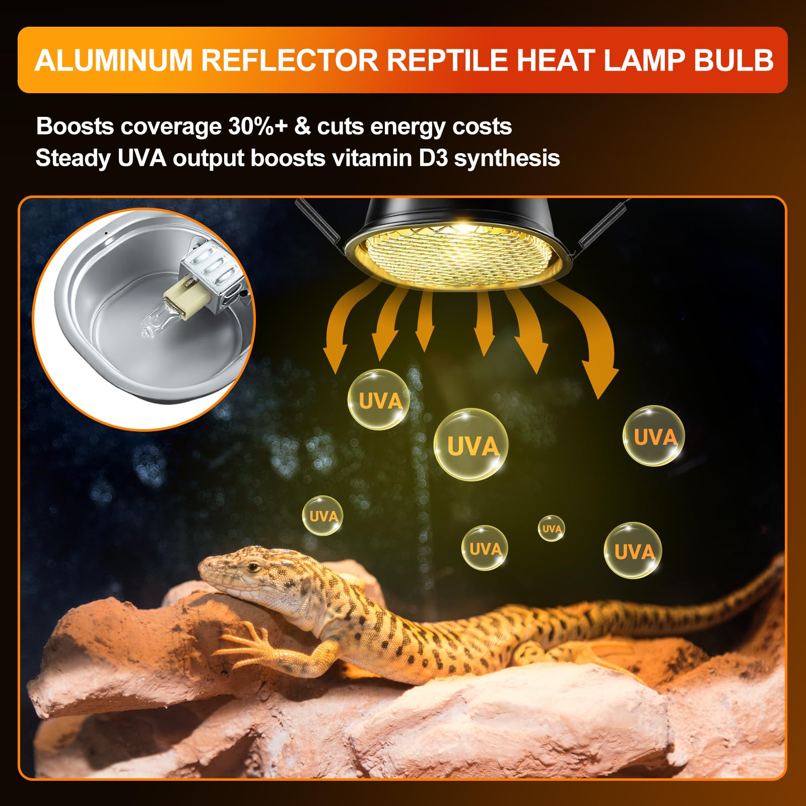 REPTI ZOO 50W UVA output creates a natural basking spot for reptiles.