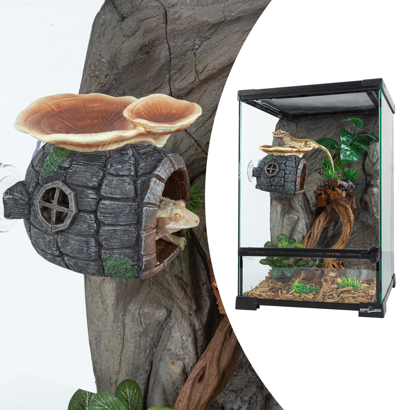 REPTI ZOO compact hideout for small reptiles fits leopard geckos and juvenile species.