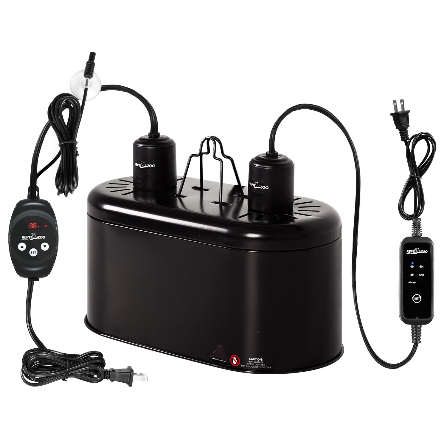 REPTI ZOO dual reptile light fixture setup shows coordinated lighting and heating controls.