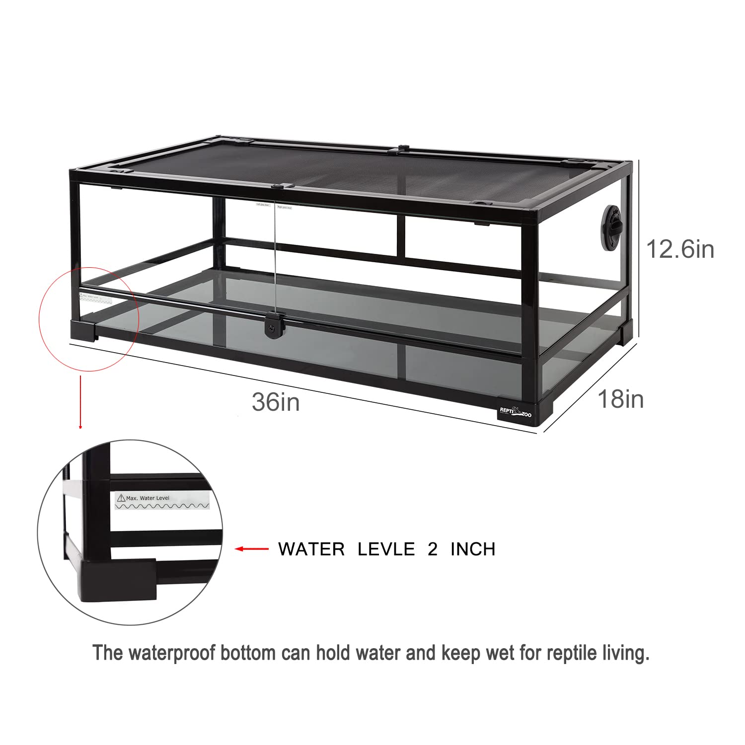REPTI ZOO full glass 35 gallon tank top ventilation promoting healthy air exchange.