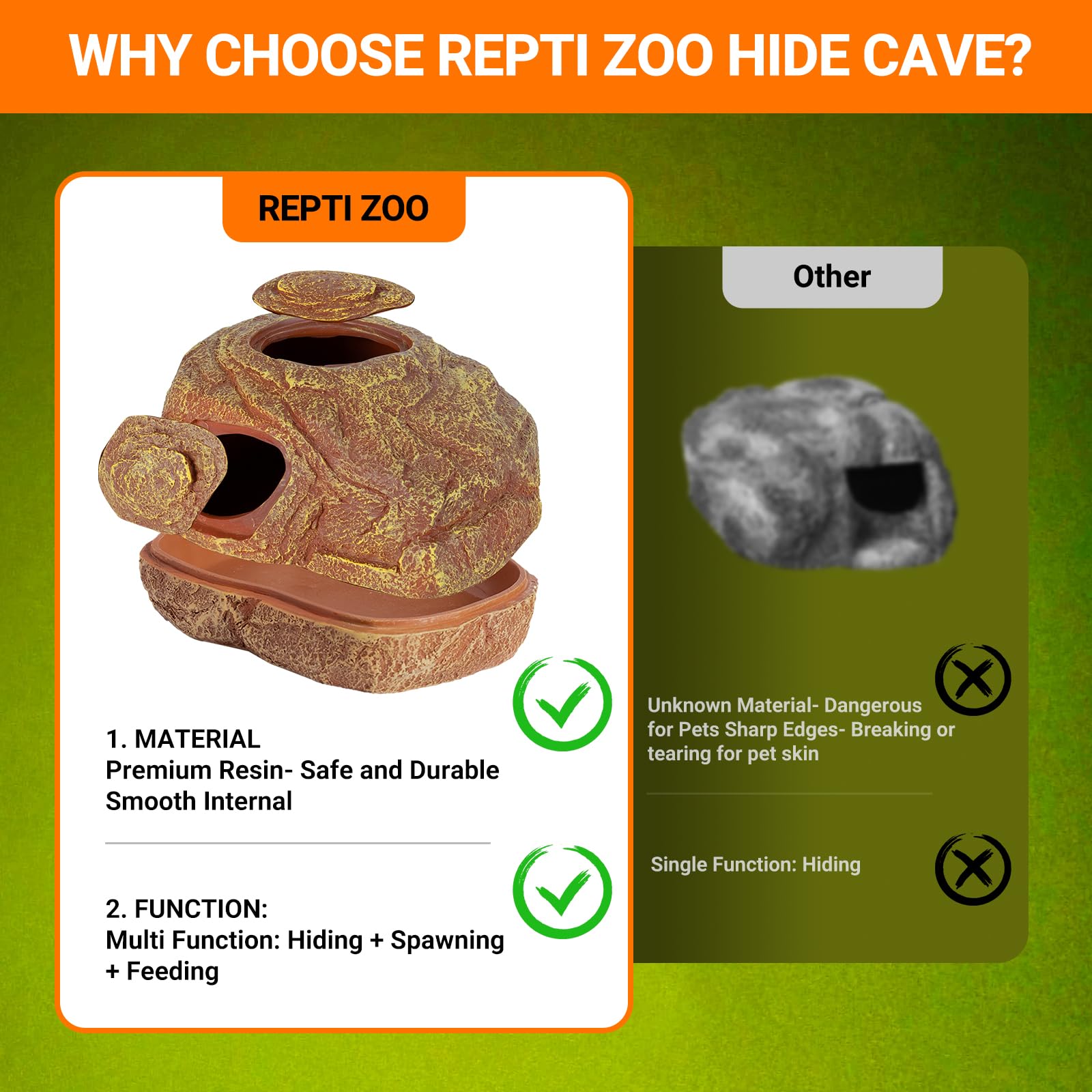 REPTI ZOO Gecko Hide Cave rugged surface aids shedding like natural rocks