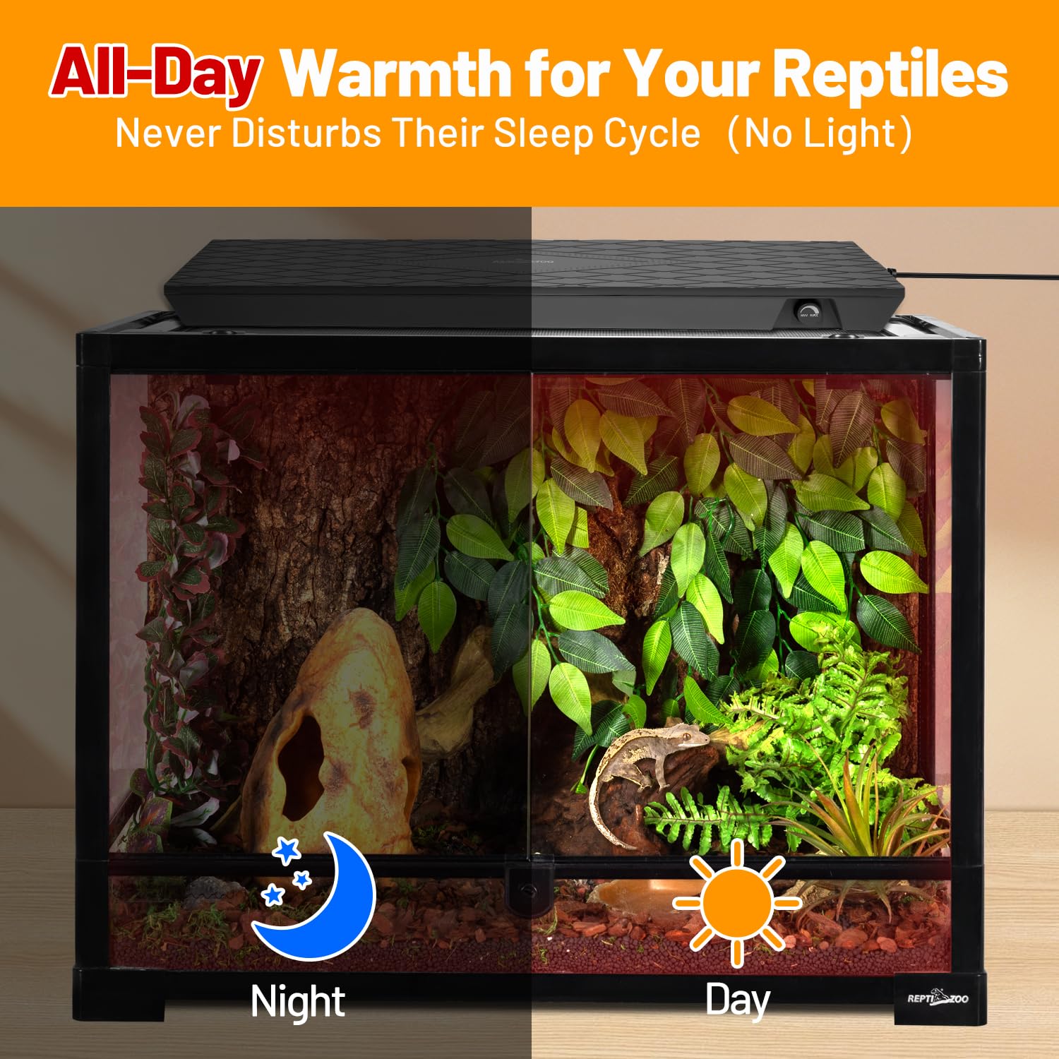 REPTI ZOO heat panel's built-in fan distributes heat evenly across the enclosure.