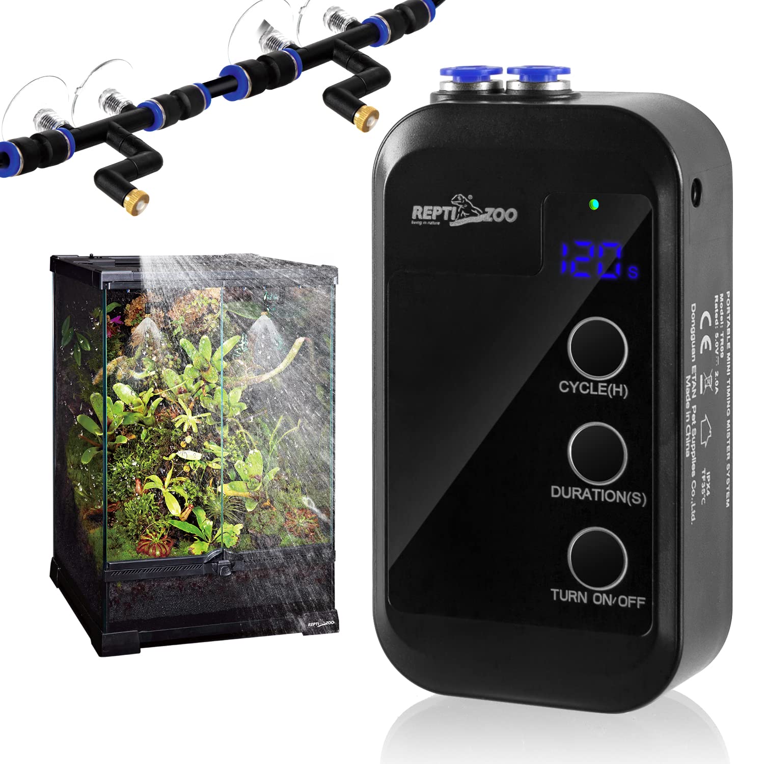 REPTI ZOO mini misting system exterior demonstrates compact design for easy terrarium placement and humidity control.