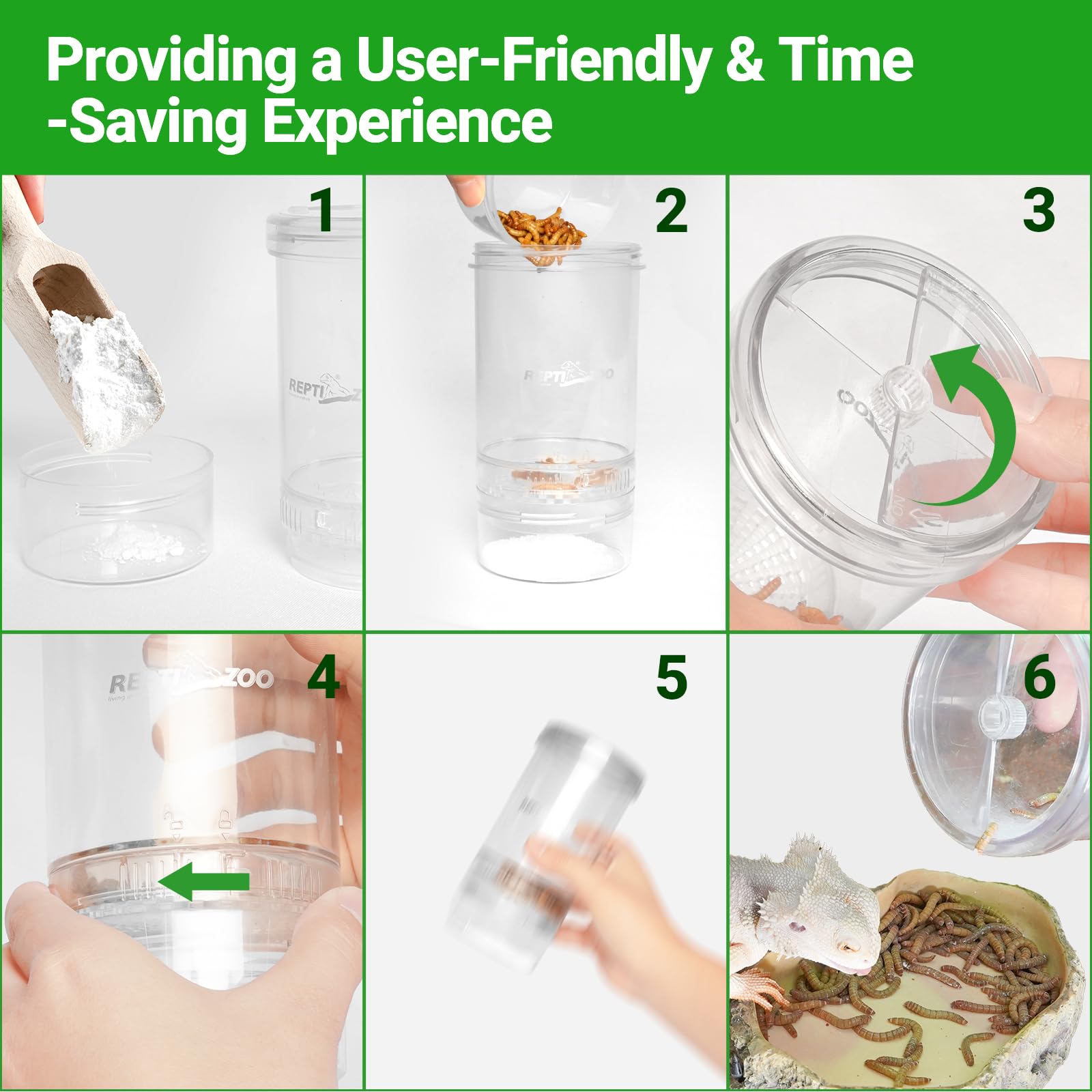 REPTI ZOO mixer outlet adjustment allows flexible dispensing of calcium powder