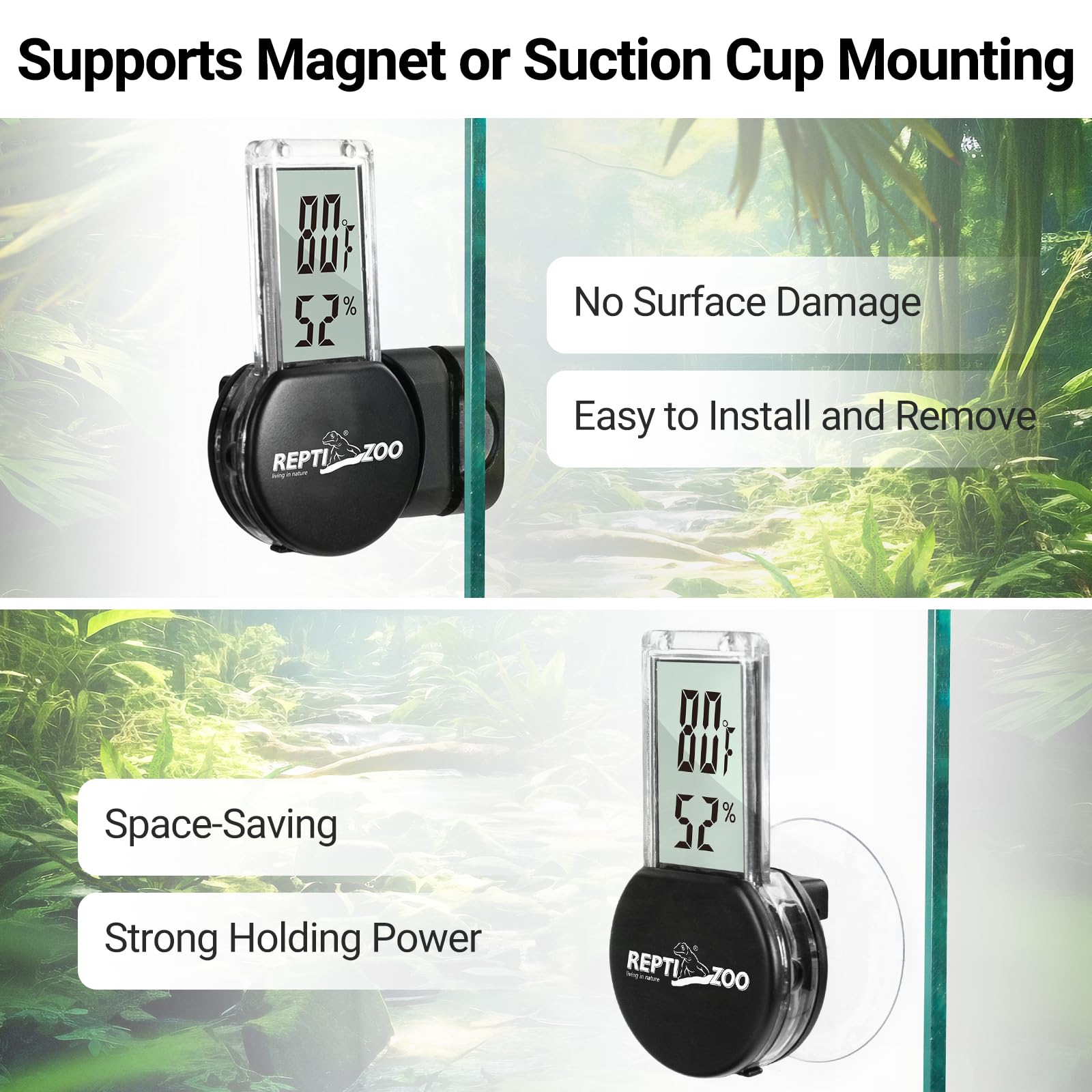 REPTI ZOO secure magnetic mount keeps the monitor stable inside reptile enclosures.