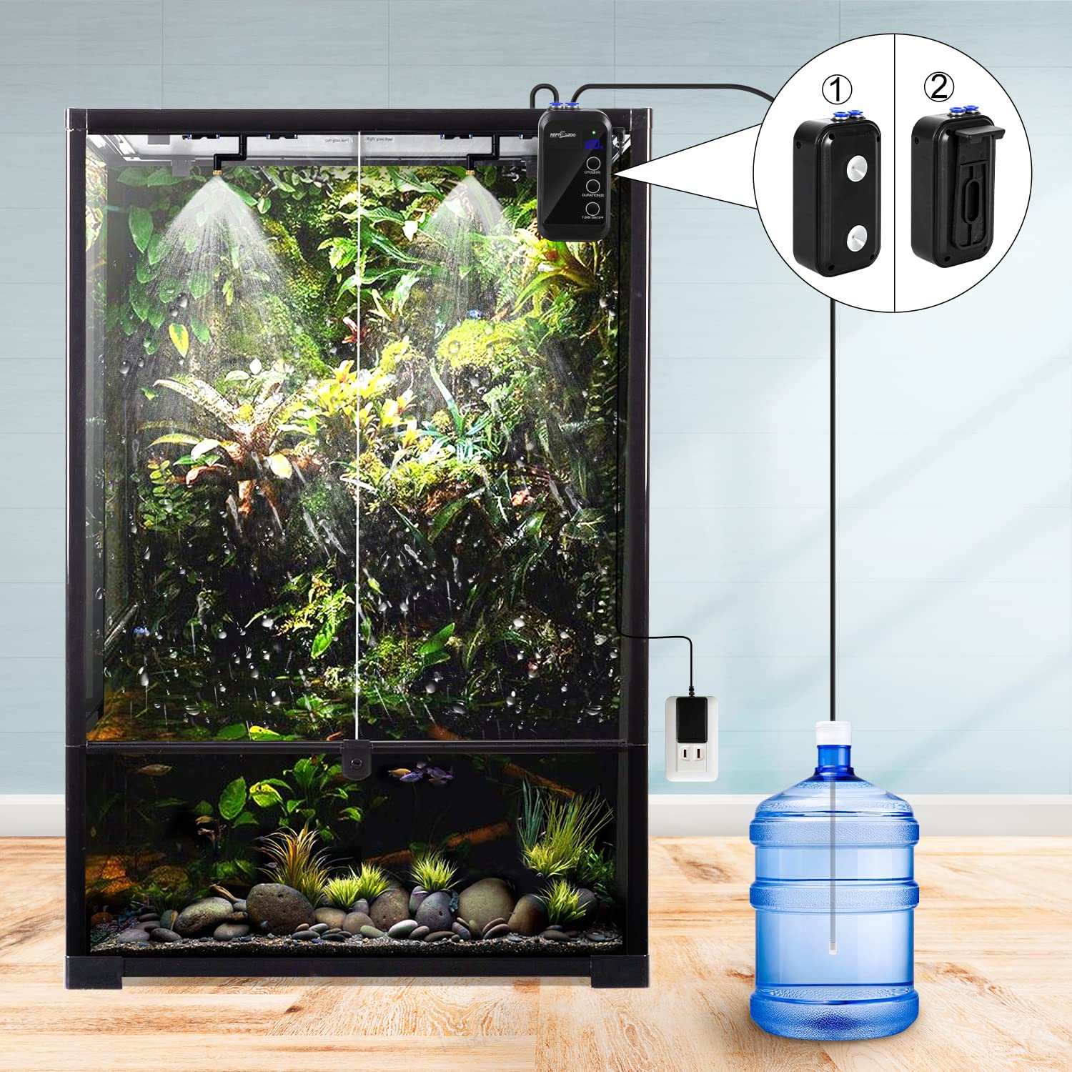 REPTI ZOO terrarium installation demonstrates simple bracket or suction cup mounting for versatile setup.