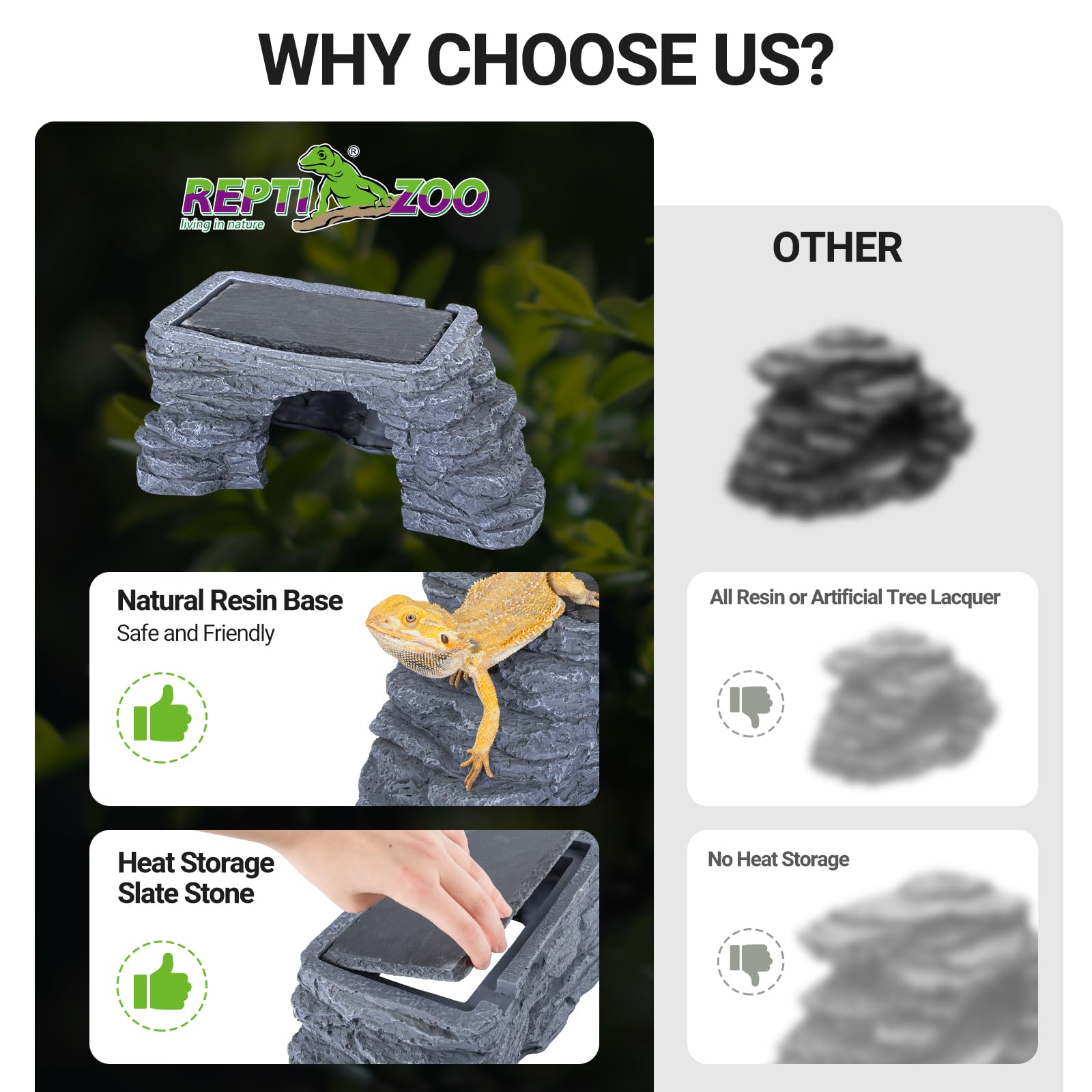 REPTI ZOO Thermal storage slate top captures heat for extended warmth.
