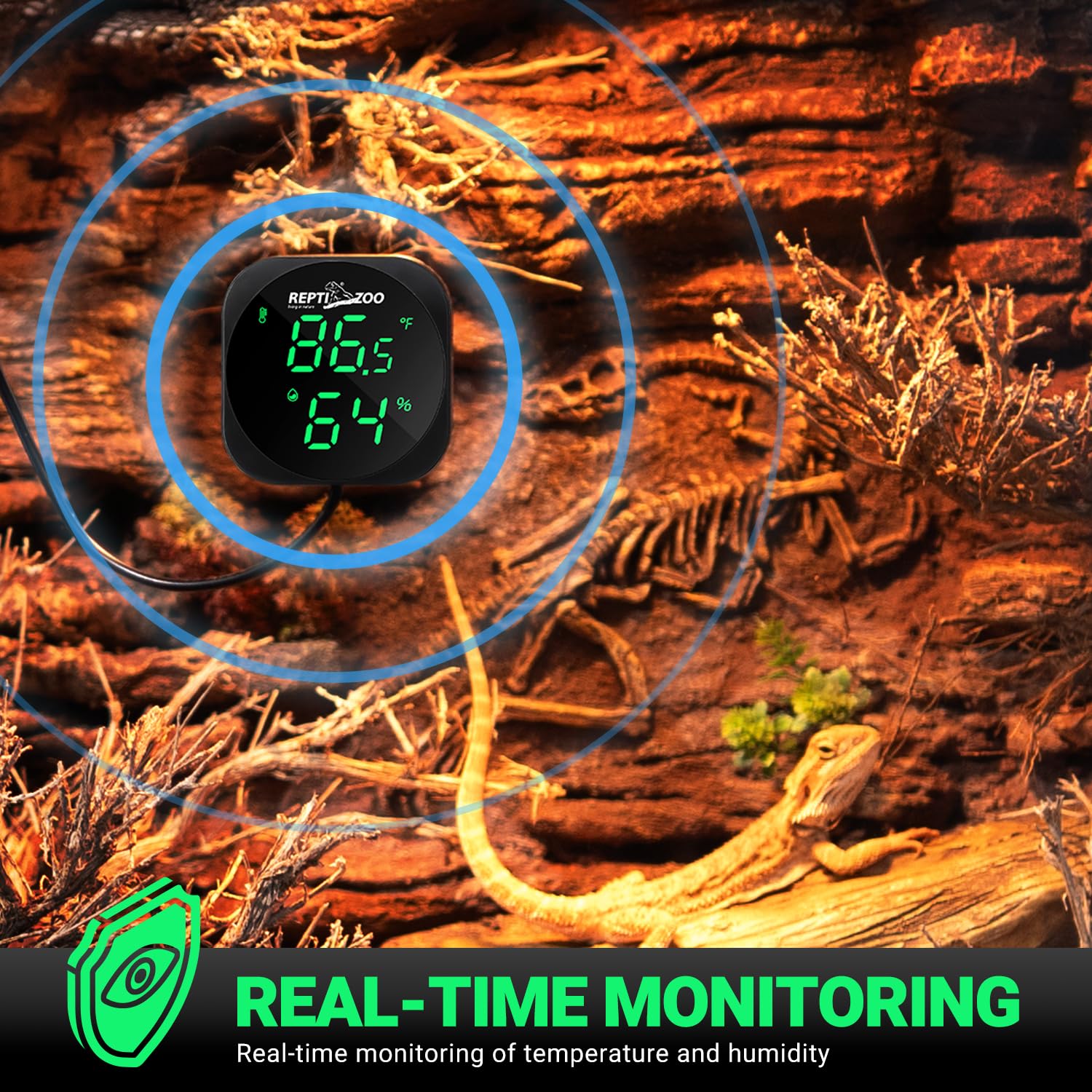 REPTI ZOO Thermometer Hygrometer night-visibility view ensures reliable readings after dark.