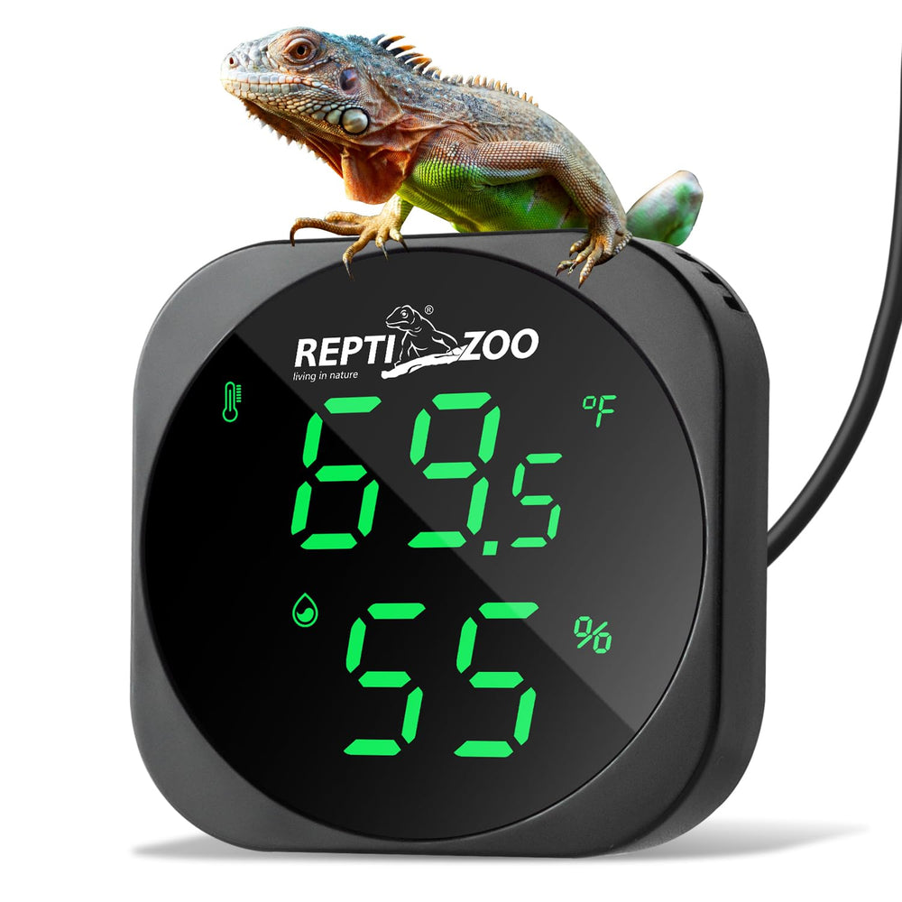 REPTI ZOO Thermometer Hygrometer front view with clear LED readout for precise terrarium climate.