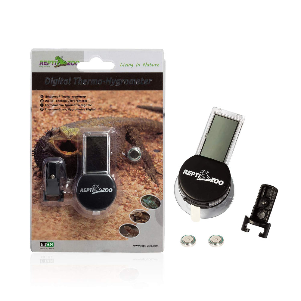 REPTI ZOO thermometer-hygrometer in use monitoring ambient terrarium conditions