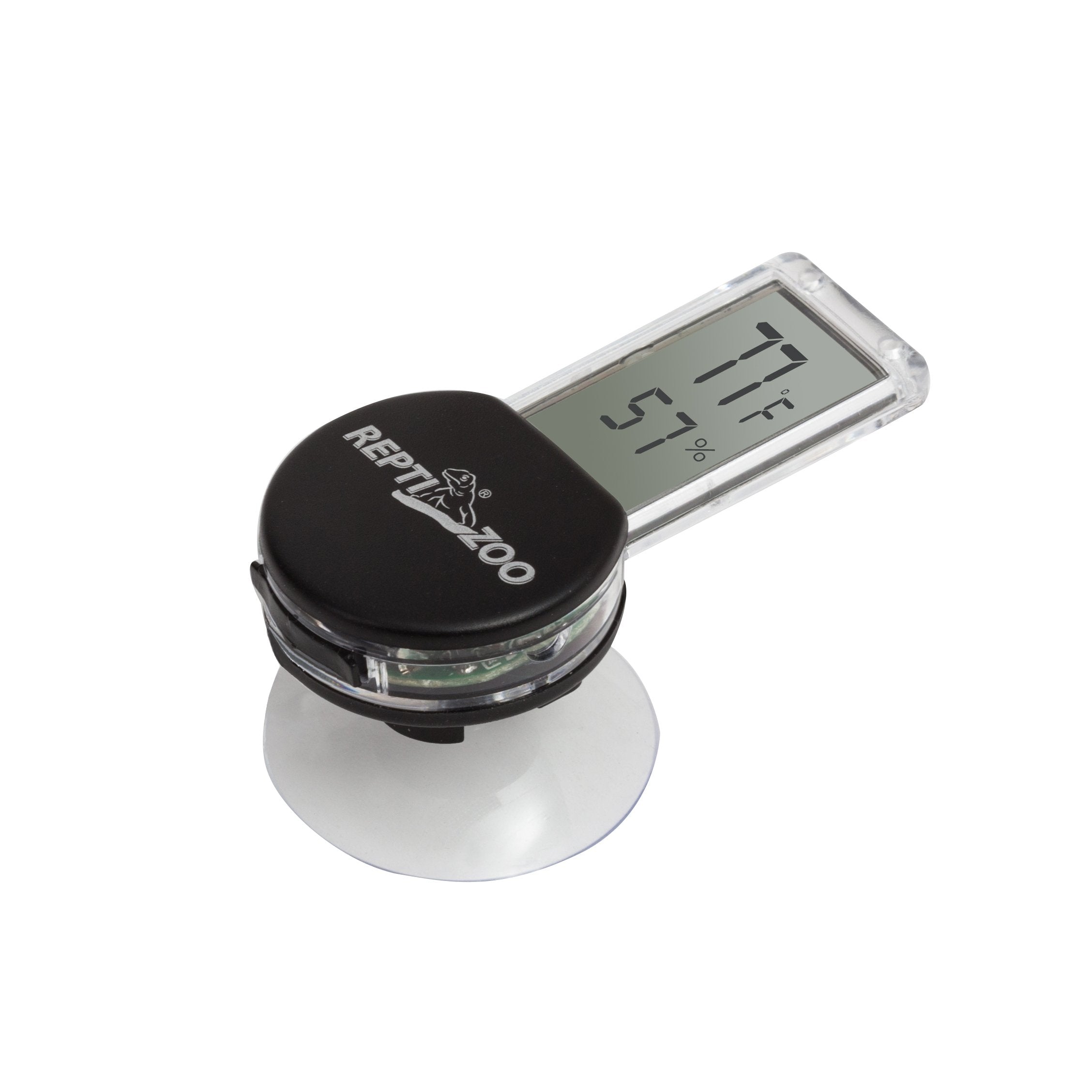 REPTI ZOO thermometer-hygrometer side display shows habitat conditions discreetly.