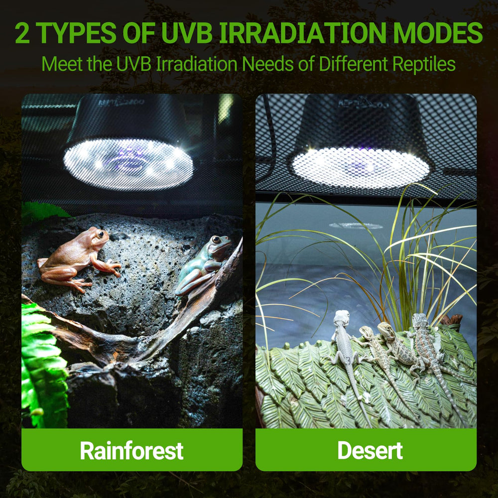 REPTI ZOO UVB light dimming feature shown enabling day-night cycle adjustments.