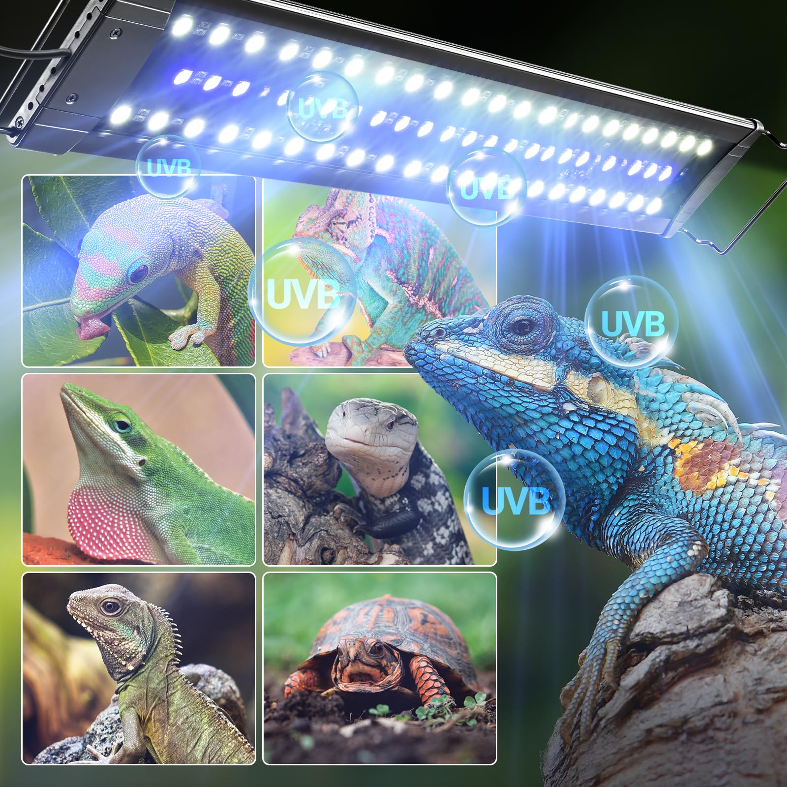 REPTI ZOO UVB light dimming IP67 close-up emphasizes waterproof protection.