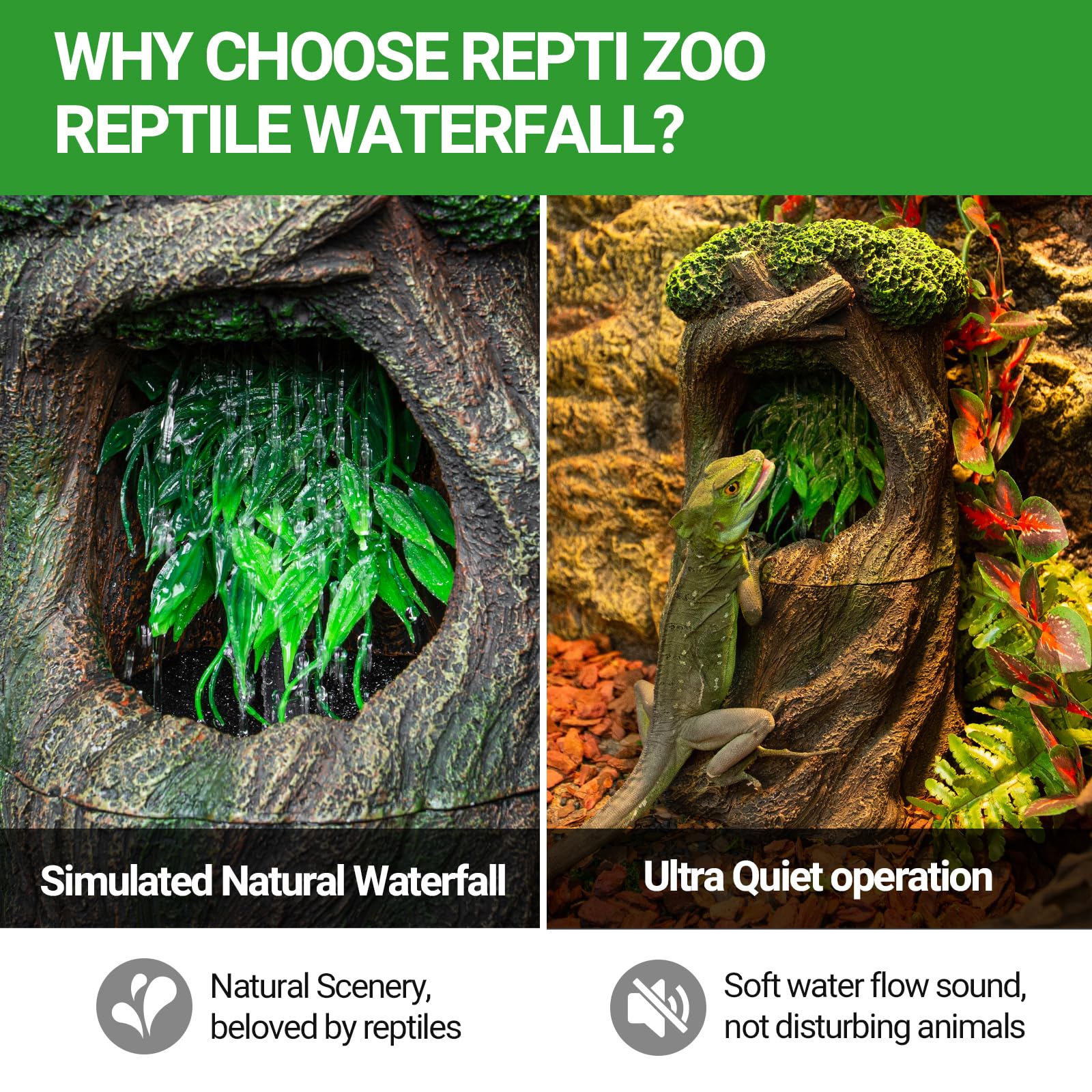 REPTI ZOO waterfall fountain food dish shows dual drinking and feeding capability for bearded dragons.