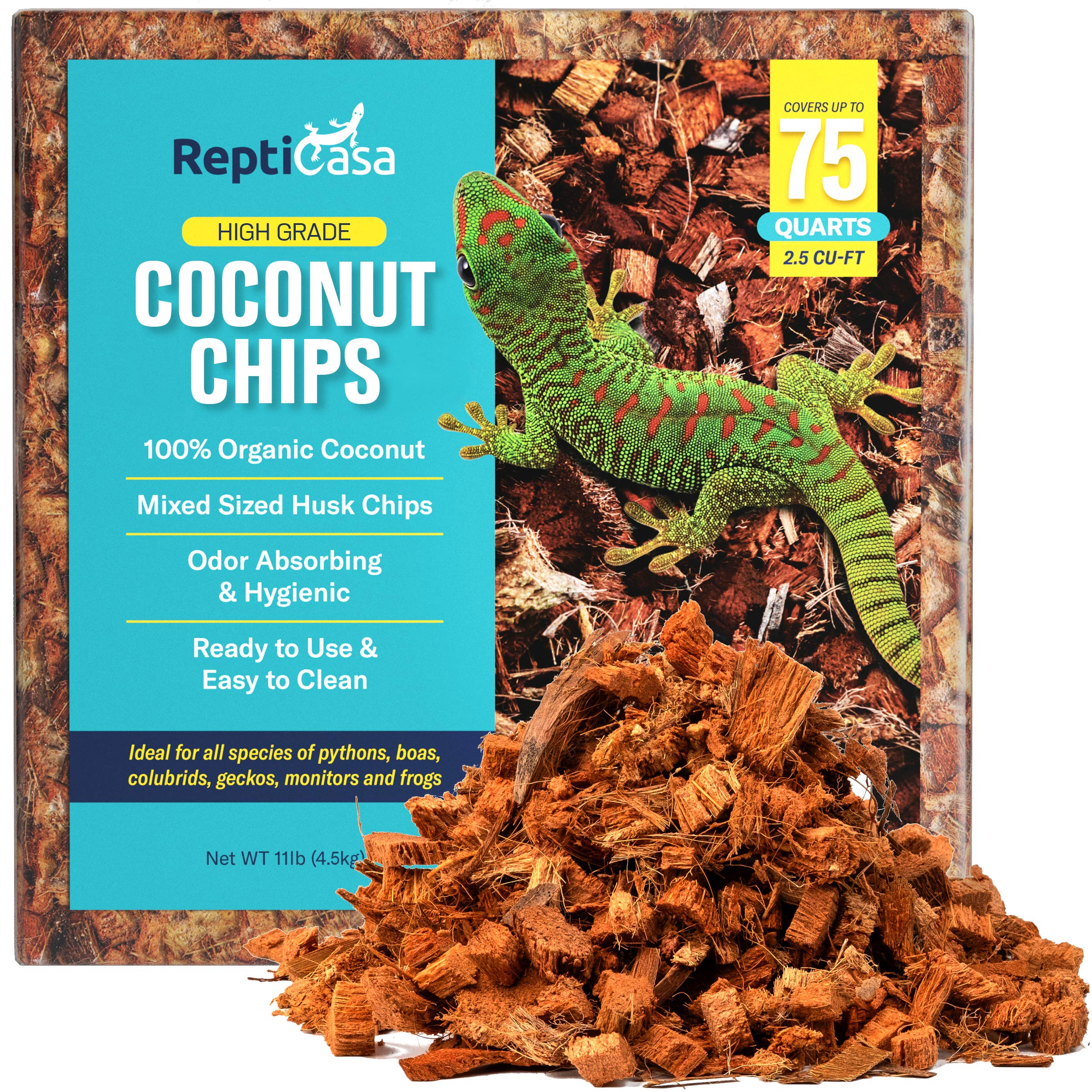 ReptiCasa Coconut Chips Substrate expanded to 75 quarts demonstrates efficient enclosure coverage.