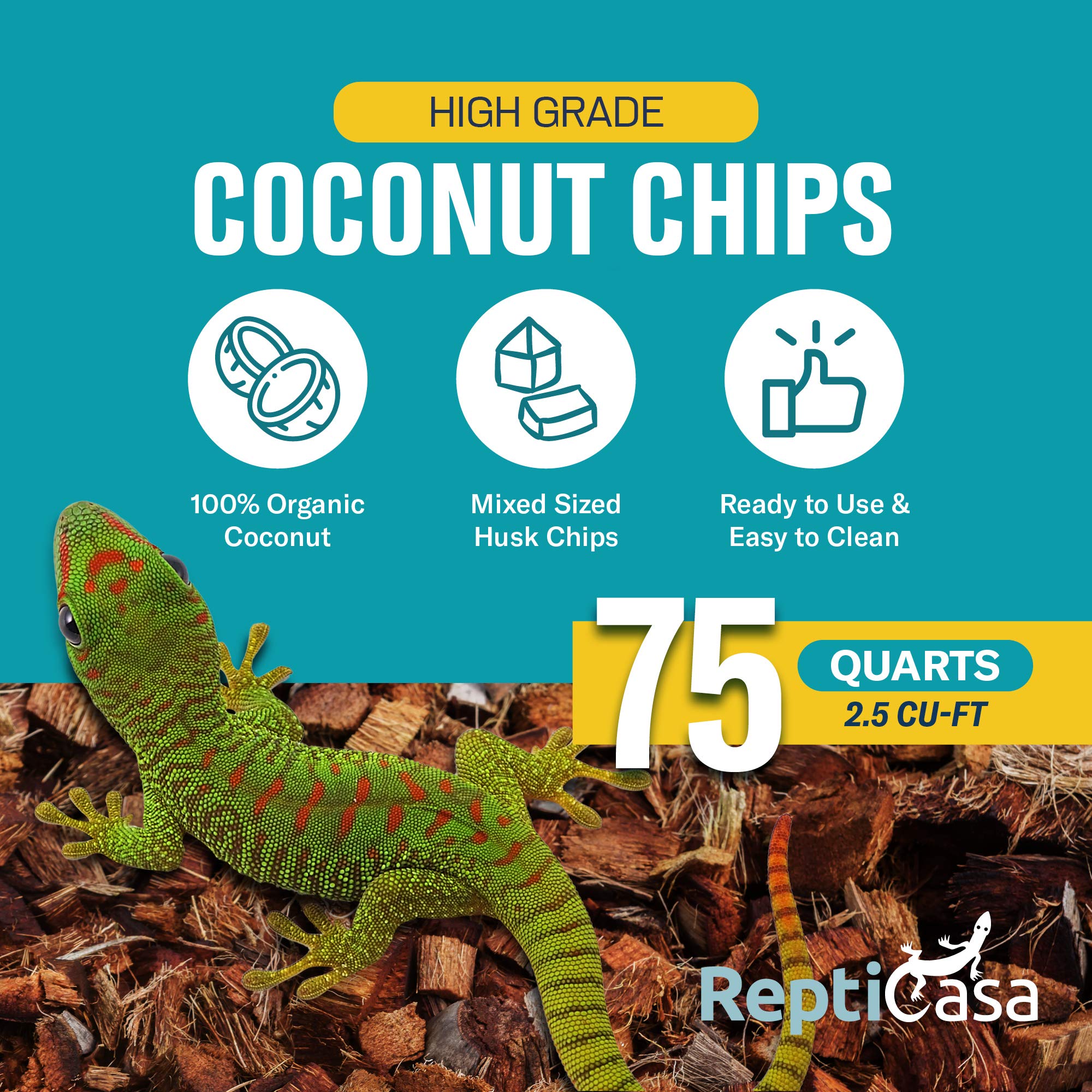 ReptiCasa Coconut Chips Substrate multi-pets-setup scene shows versatility for reptiles, tortoises, and amphibians.