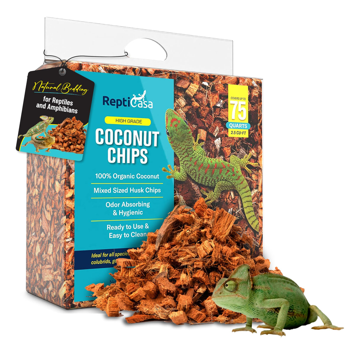 ReptiCasa Coconut Chips Substrate package shows ready-to-use reptile bedding for clean, tidy habitats.