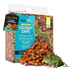 ReptiCasa Coconut Chips Substrate package shows ready-to-use reptile bedding for clean, tidy habitats.