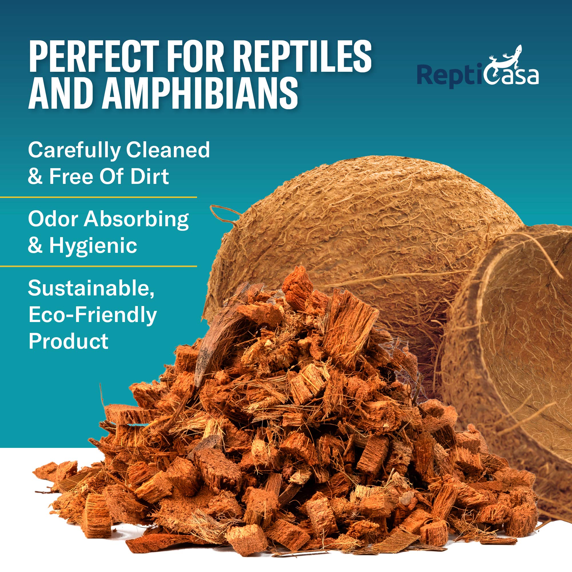 ReptiCasa Coconut Chips Substrate close-up emphasizes purity and safe long-term bedding.