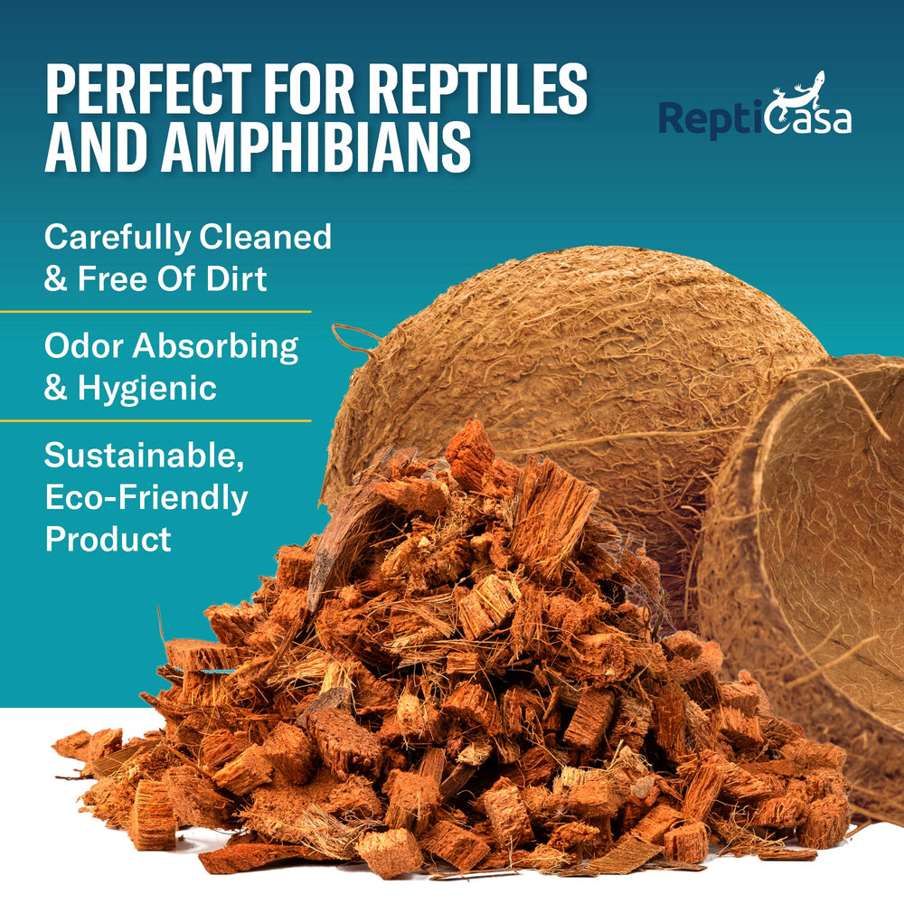 ReptiCasa Coconut Chips Substrate close-up emphasizes purity and safe long-term bedding.