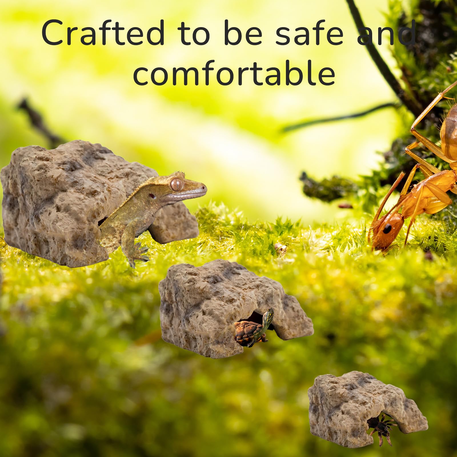 Repticircle reptile hide-habitat-ensemble complements bearded dragon and gecko enclosures with natural vibes.