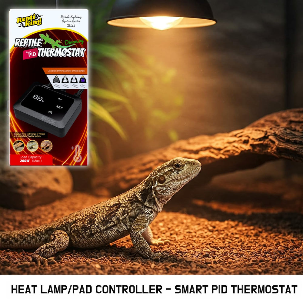 ReptiKing dimming thermostat in use with daylight and infrared lamps for flexible control.