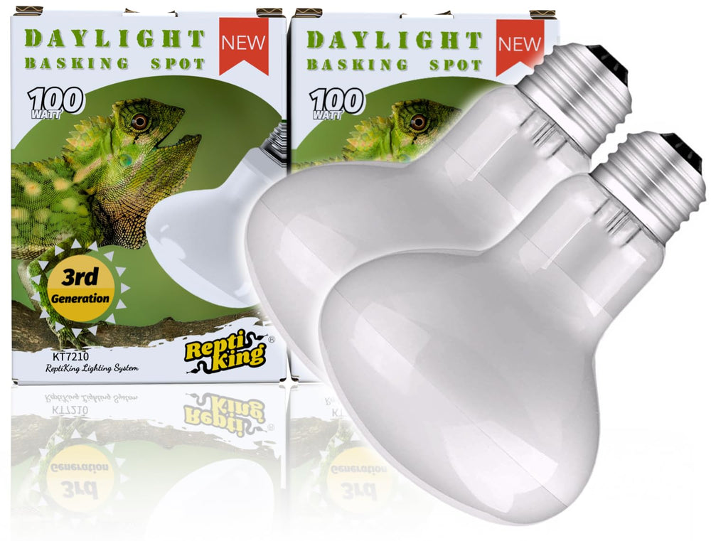 ReptiKing heat bulb 100W daylight basking for bearded dragon thermoregulation and daytime activity.