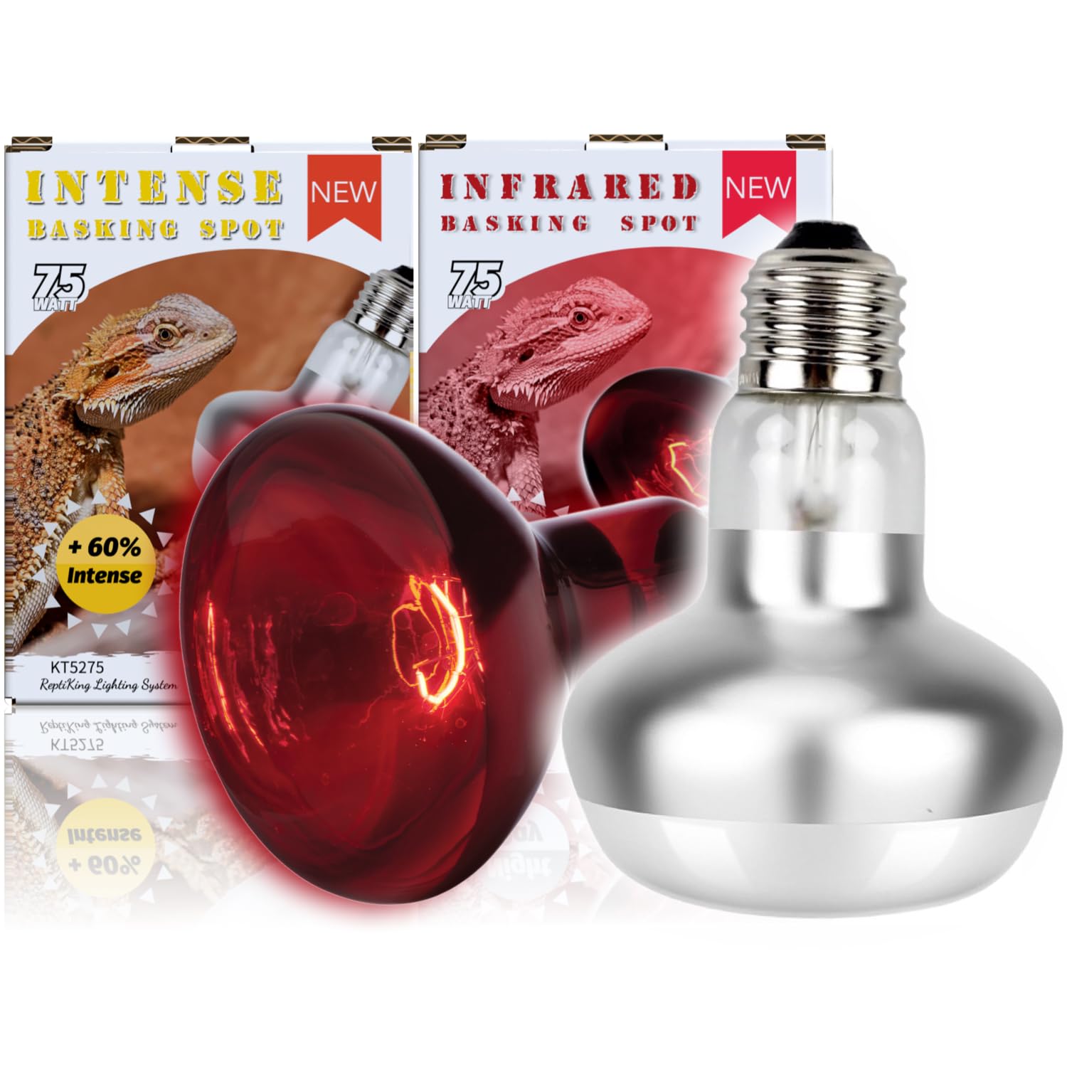 ReptiKing heat lamp 75W intense basking glow supports reptile thermoregulation.