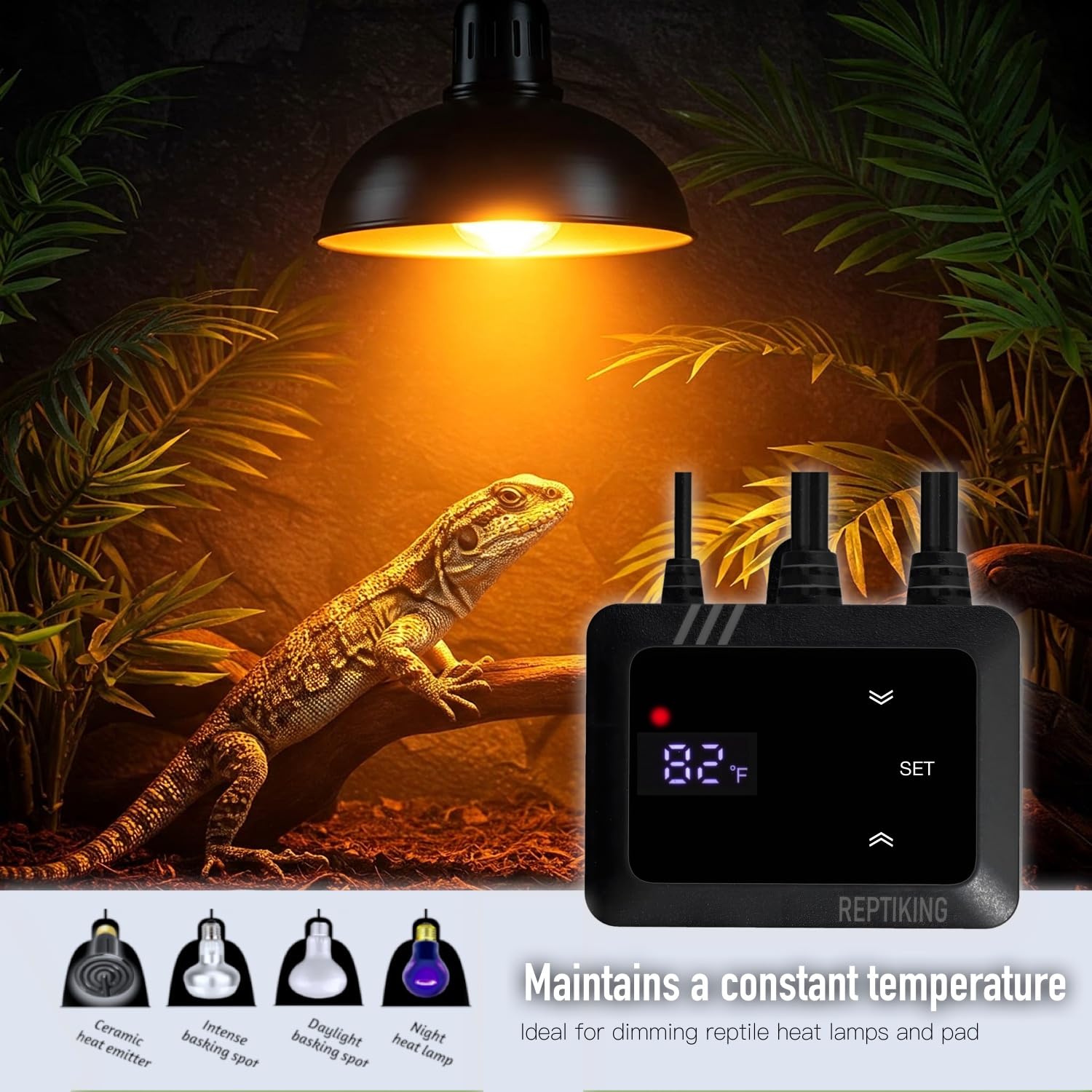 ReptiKing heat lamp controller supports basking spot for healthy warmth.