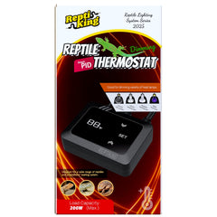 ReptiKing dimming thermostat with digital display monitors terrarium temperature in real time.