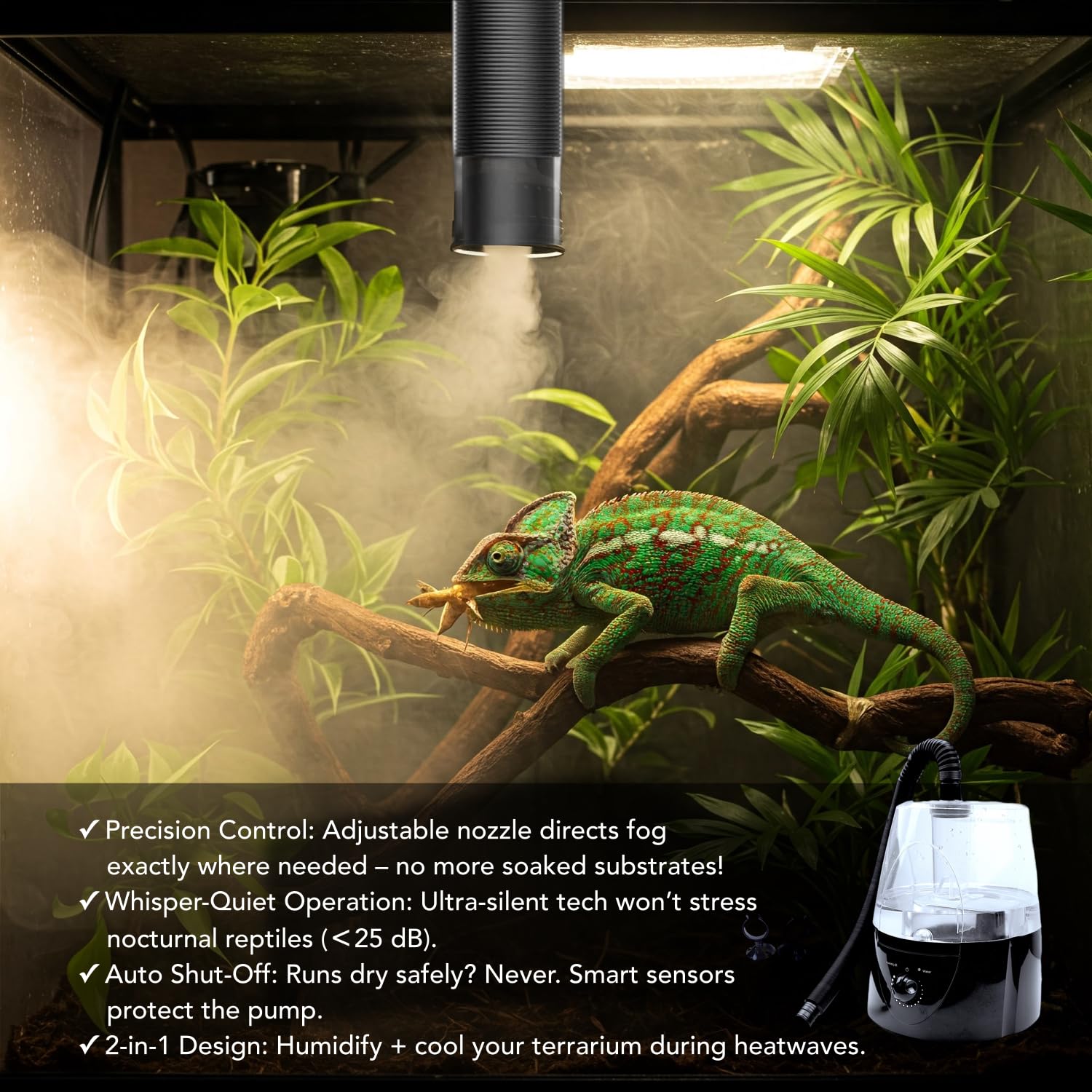 ReptiKing Reptile Fogger automatic shutoff demonstrates safety with continuous operation and low-water protection.
